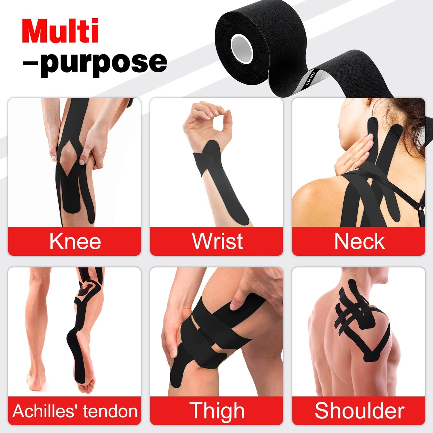 AZEN 3 Rolls Kinesiology Tape, 16.4 ft Waterproof Kinetic Tape for Joints Support and Muscle Pain Relief, Uncut Muscle Tape, Knee Tape, Athletic Tape - Black