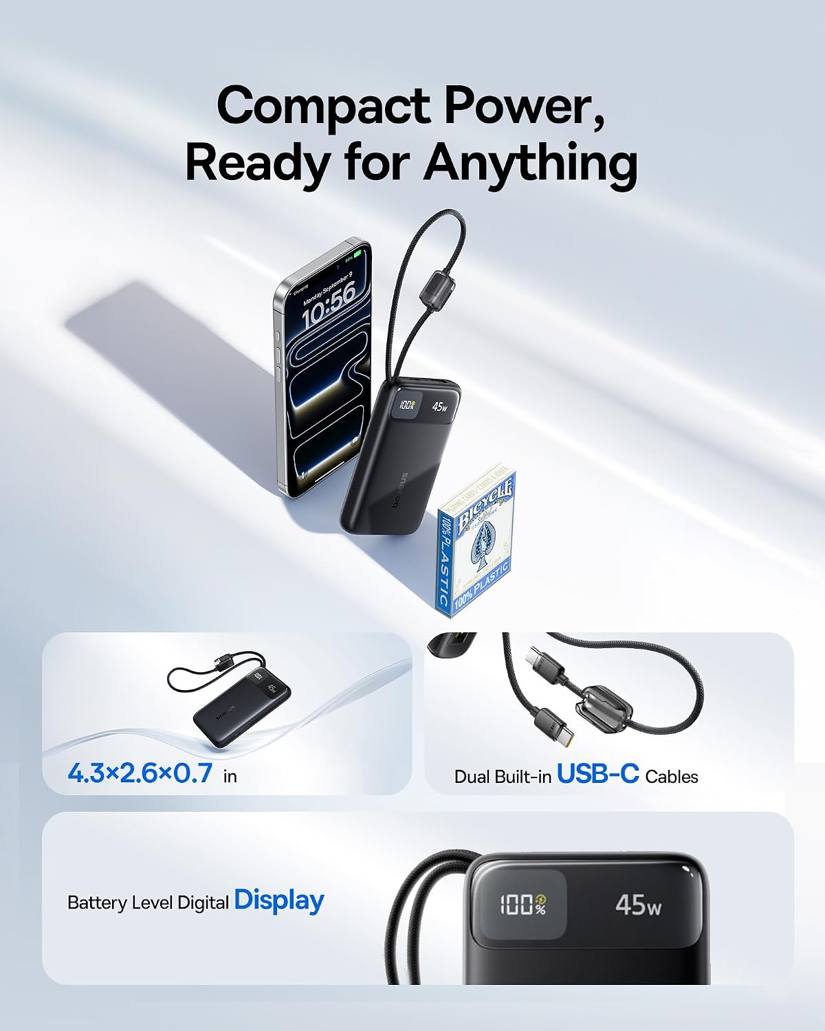 Baseus 45W 10000mAh Pack 17 16 S25 S24 Ultra Slim Power Bank Built-in USB-C Cables, CCC Certified Portable Charger