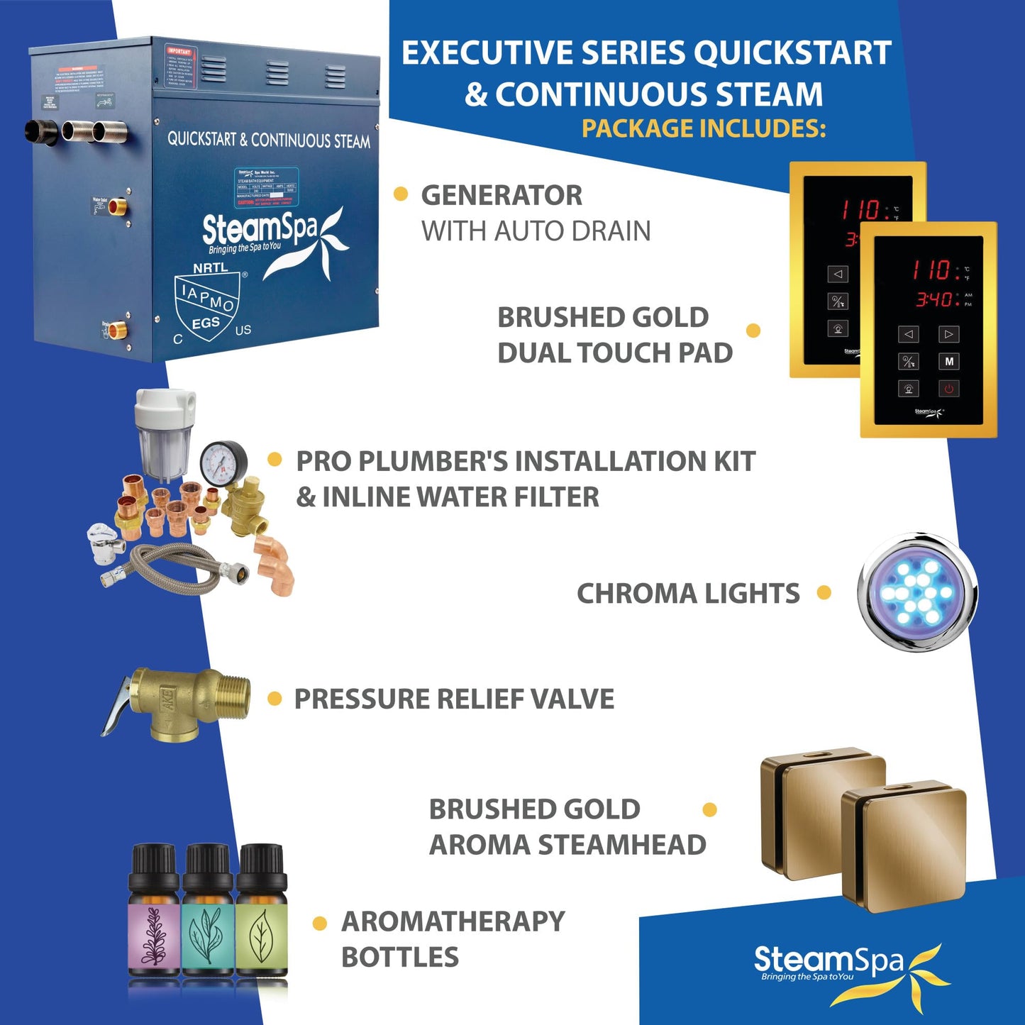 SteamSpa Steam System 10.5kW Steam Generator with Quickstart Continuous Steam, Dual Touch Pads, Auto Drain, Chroma Light, Aroma Steamheads, Install Kit & Filter in Gold EXTS1050GD-A