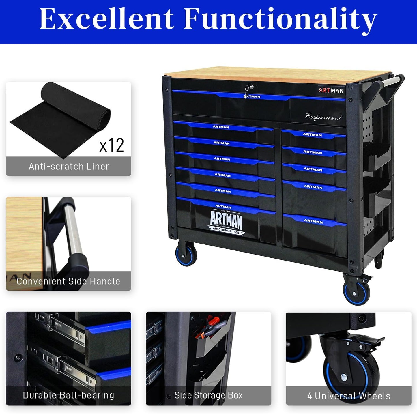 Heavy Duty Rolling Tool Chest with 12-Drawer Tool Cart Mechanic Tool Box with Wheels Tool Storage Cabinet Mobile Workbench Tool Bench for Garage, Workshop, Warehouse, Repair Shop, Wood Top