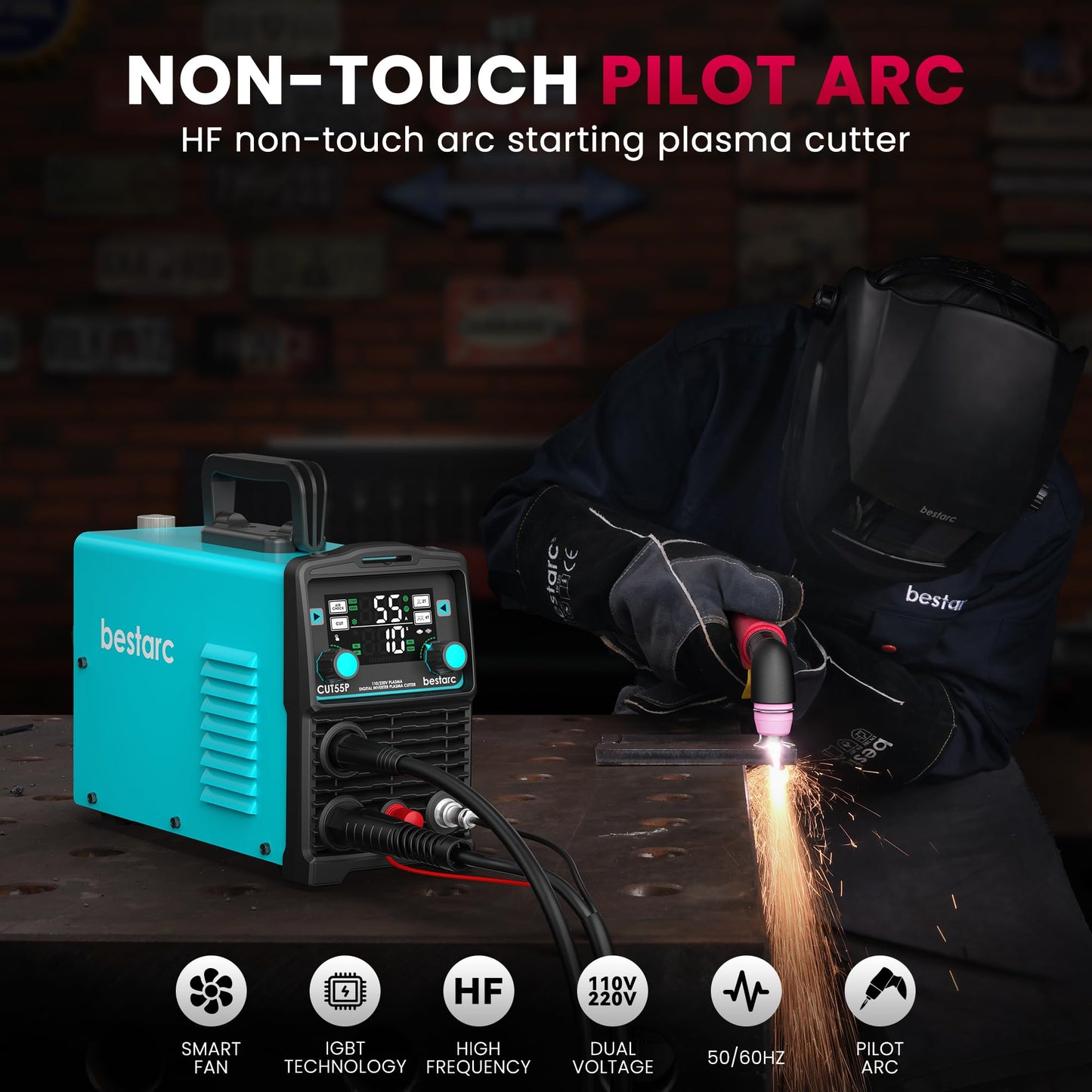 bestarc Plasma Cutter, [Pilot Arc][Large LED Display] 55A bestarc Plasma Cutter Machine 110/220V Dual Voltage, 5/8 Inch Clean Cut 3/4 Inch Max Cut, Post Flow Mesh Cut, 2T/4T for Beginners DIY