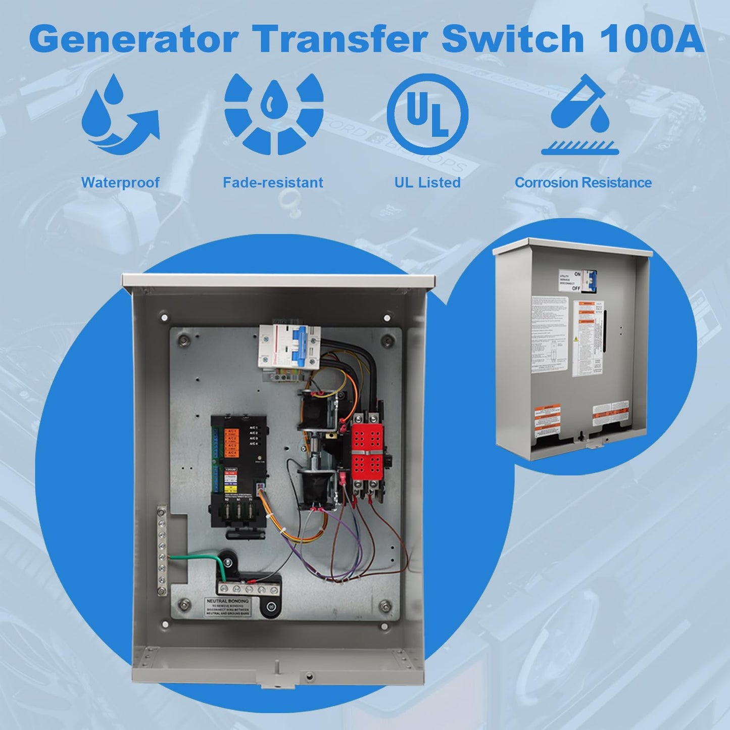100 Amp Automatic Transfer Switch Single Phase Generator Transfer Switch, Power Management Replacement for Generac RXSW100A3, NEMA 3R Outdoor Rated Aluminum Enclosure for Indoor and Outdoor Use