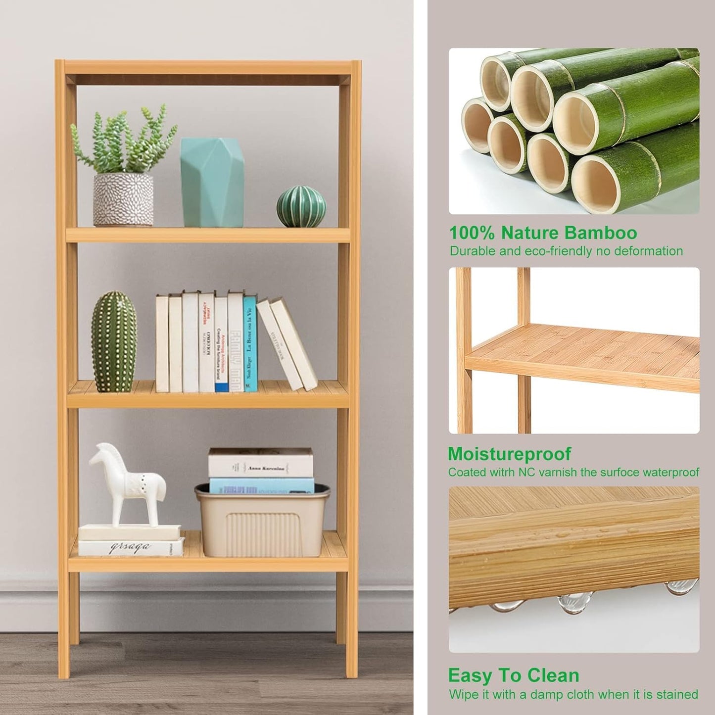 FoverOne 4 Tier Shelving Unit, Bamboo Book Shelf Bookcase Storage Shelf for Bathroom Kitchen Living Room