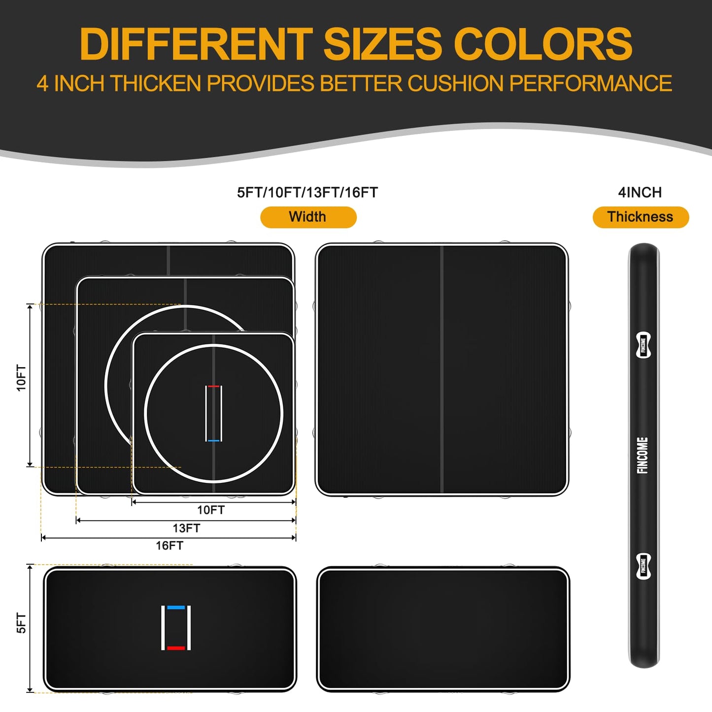 FINCOME Inflatable Wrestling Mat 16ft/13ft/10ft, 4" Thick Foldable Jiu Jitsu Mats Wrestling Mats for Home Outdoor Indoor, Waterproof PVC Mat for Gymnastics, BJJ, MMA, Grappling, Judo, Boxing,16ft*16ft*4inch Black