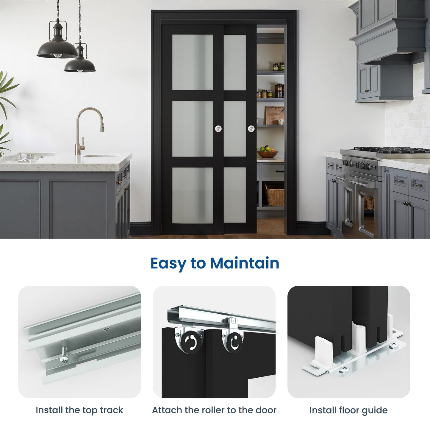 COSHOMER Sliding Closet Door for 72" x 80" Opening, 3-Lite Frosted Glass MDF Barn Door with Hardware Kit Set, Door Panels Need to Assemble, Black
