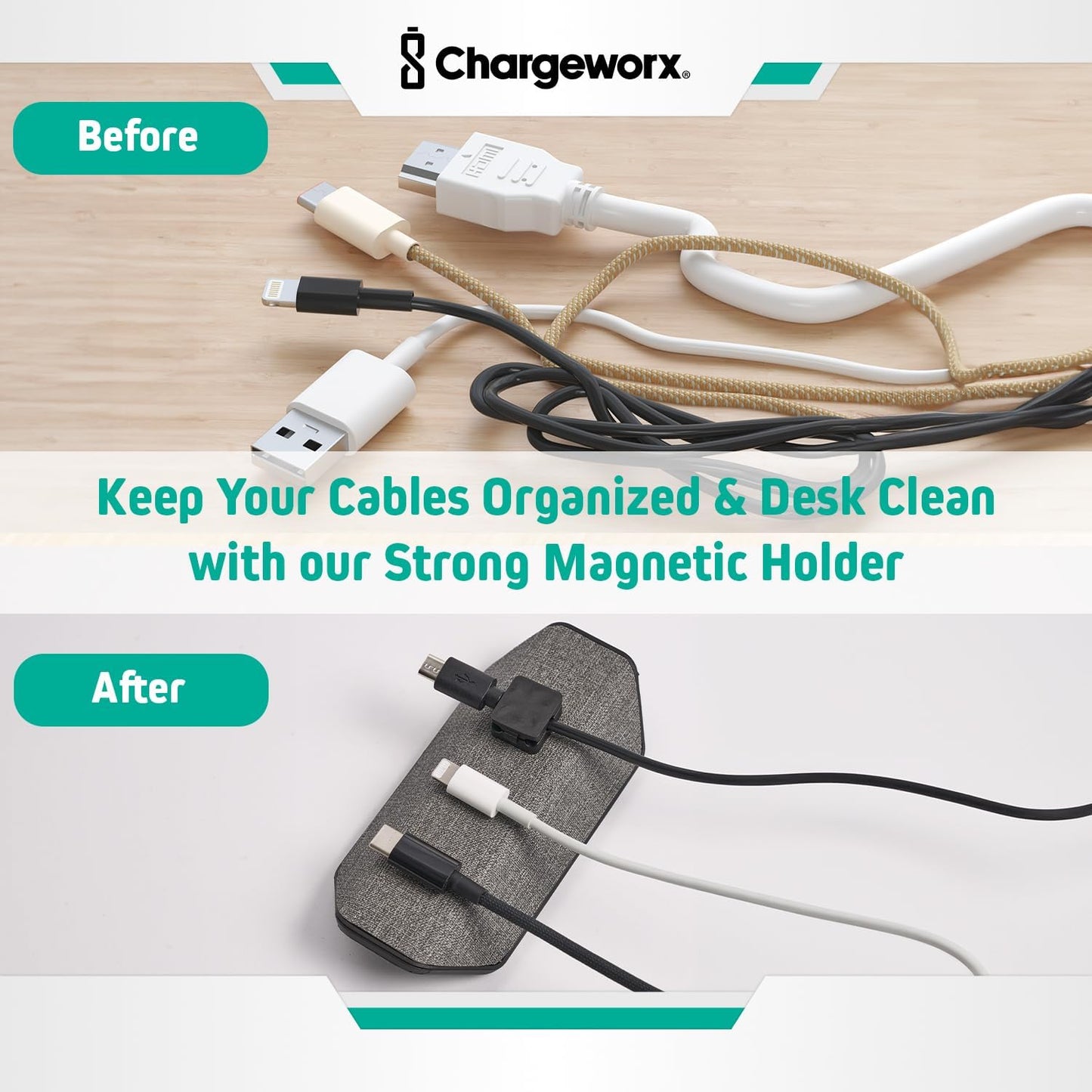 CHARGEWORX 3 Magnetic Cable Organizer Weighted Non-Adhesive Cord Holder with Magnetic Clips for USB-C, Lightning