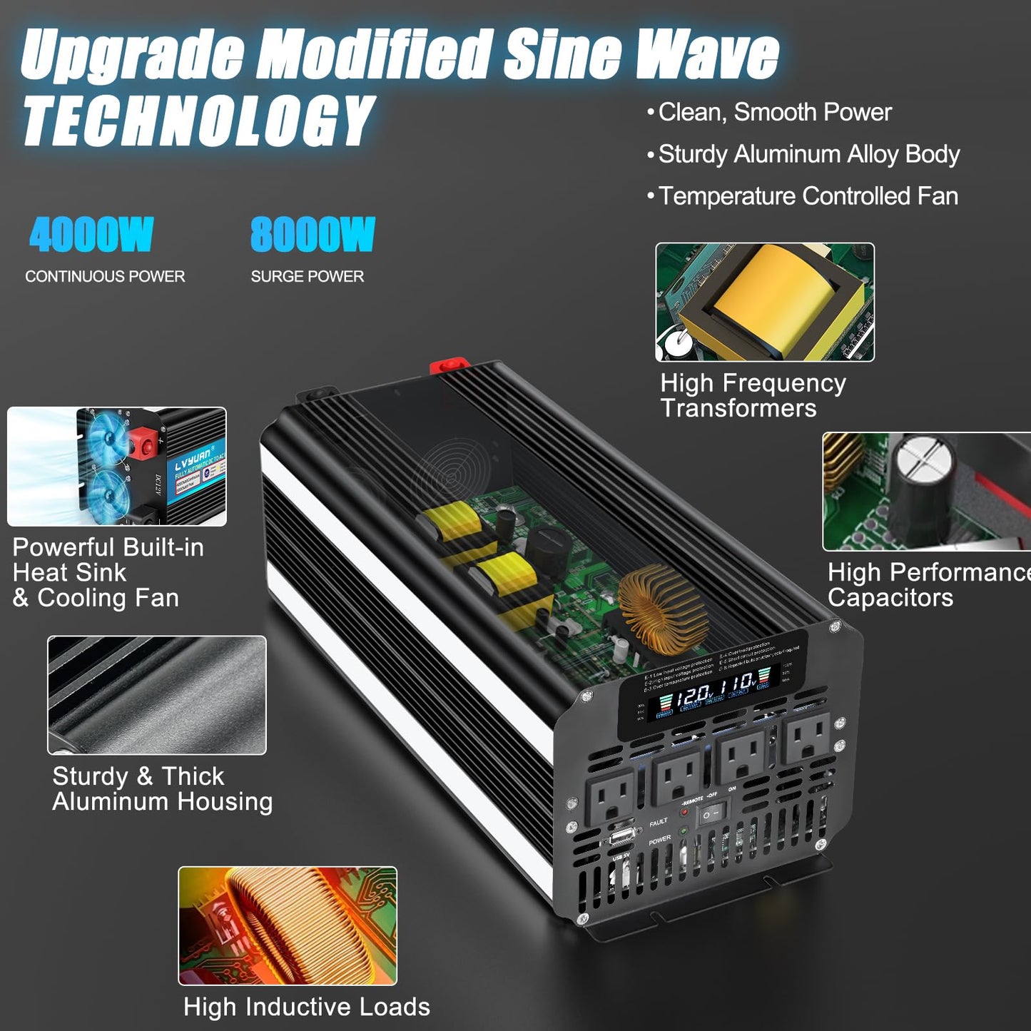 LVYUAN 4000 Watt Power Inverter 12V to 110V 120V for Vehicle, Solar Inverter System, Heavy Duty, RV, Truck, Off Grid,Camping with 4 AC Outlets, LCD Display, Wireless Remote Control, Car Power Inverter