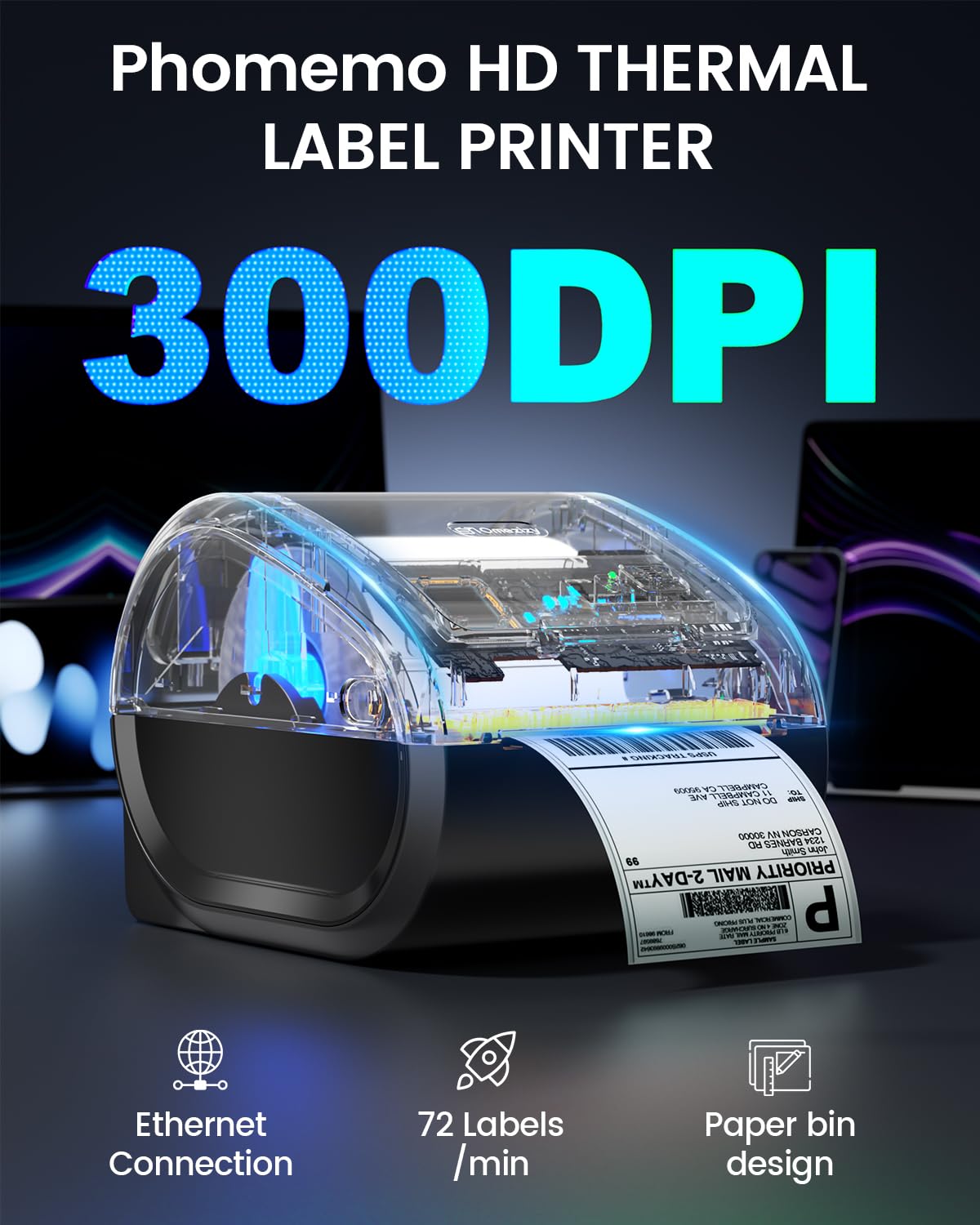 Phomemo Ethernet Thermal Label Printer 4x6, Bluetooth Shipping Label Printer for Small Business, Home, Office, 300DPI Wireless Thermal Printers Compatible with Ethernet/Bluetooth/USB, Etsy, USPS