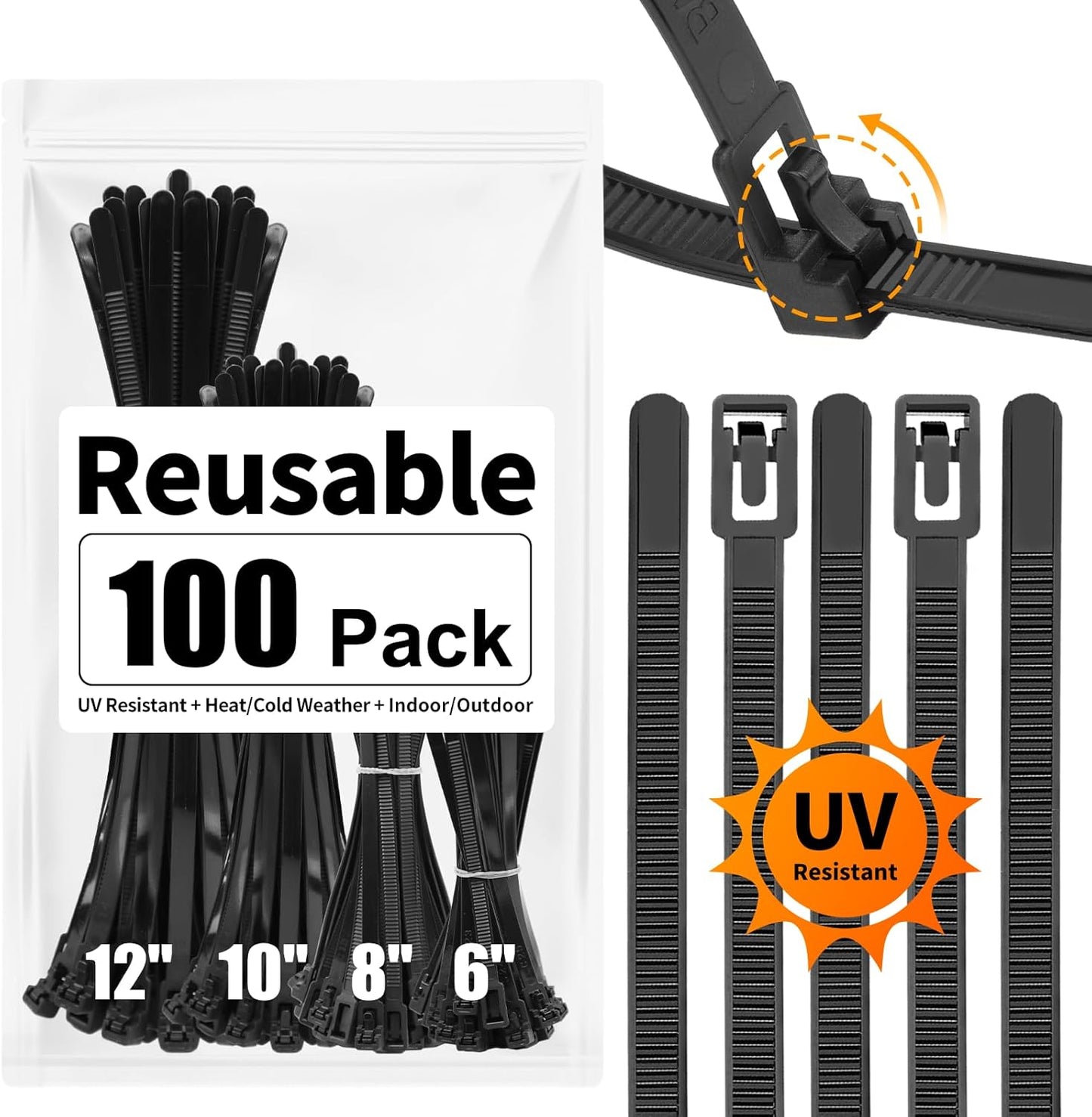 100 Pack 6+8+10+12 Inch SOOOEC Reusable Zip Ties Assorted Sizes UV Resistant, Black Zip Ties Heavy Duty Outdoor