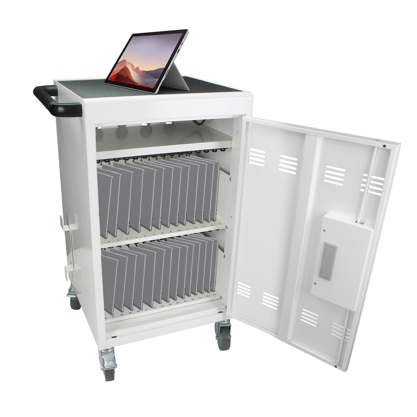30-Device Mobile Charging Cart with Power Strip, Locks, Cable Management, Up to 16.3" Safe Charging Cabinet for Chromebooks, Tablets, Laptops. White with Code Lock