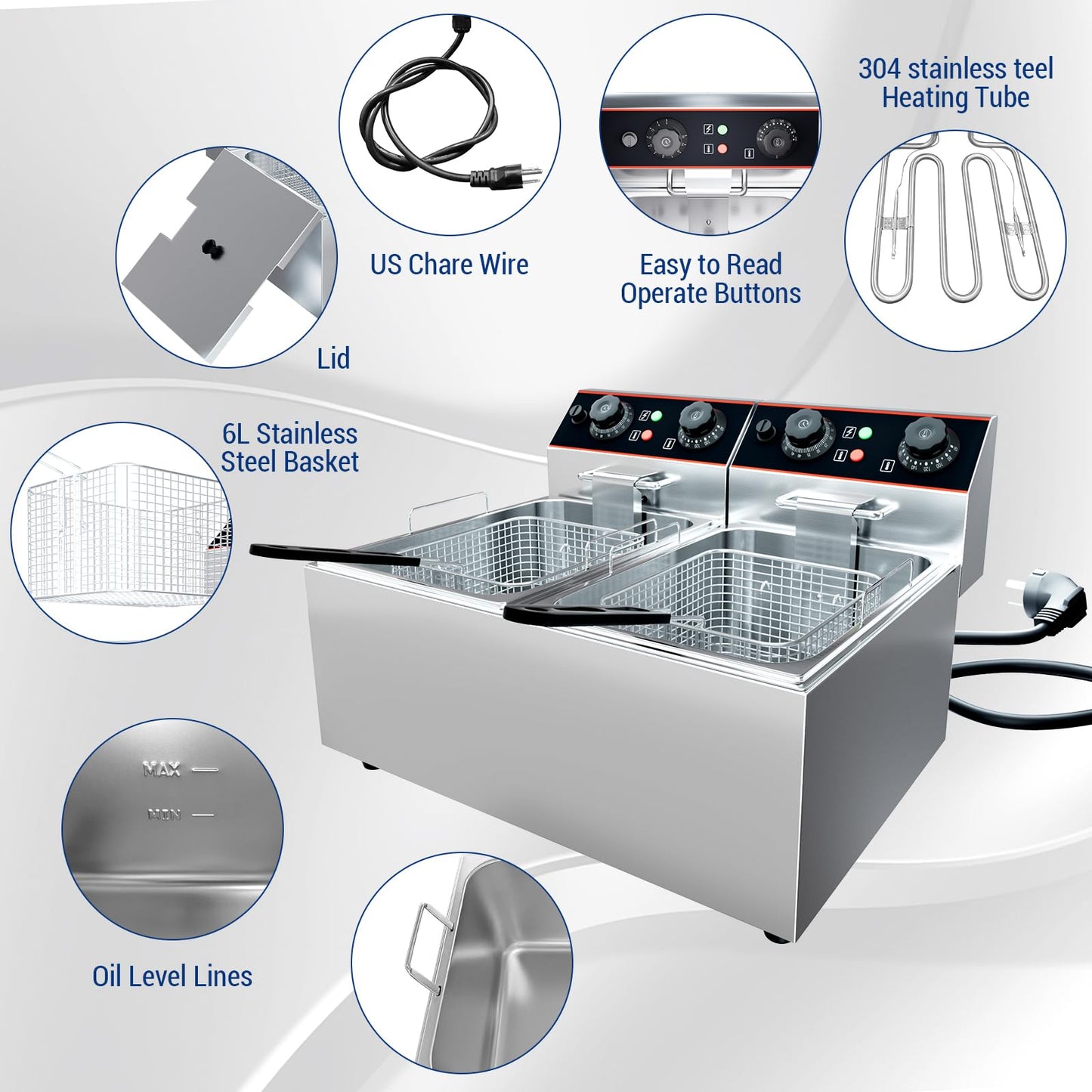 GarveeHome Commercial Deep Fryer with Basket, 16.8 QT Stainless Steel Electric Countertop Fryer with Double Tanks and Temperature Control for Restaurant and Home Use, 1800 W+1800 W