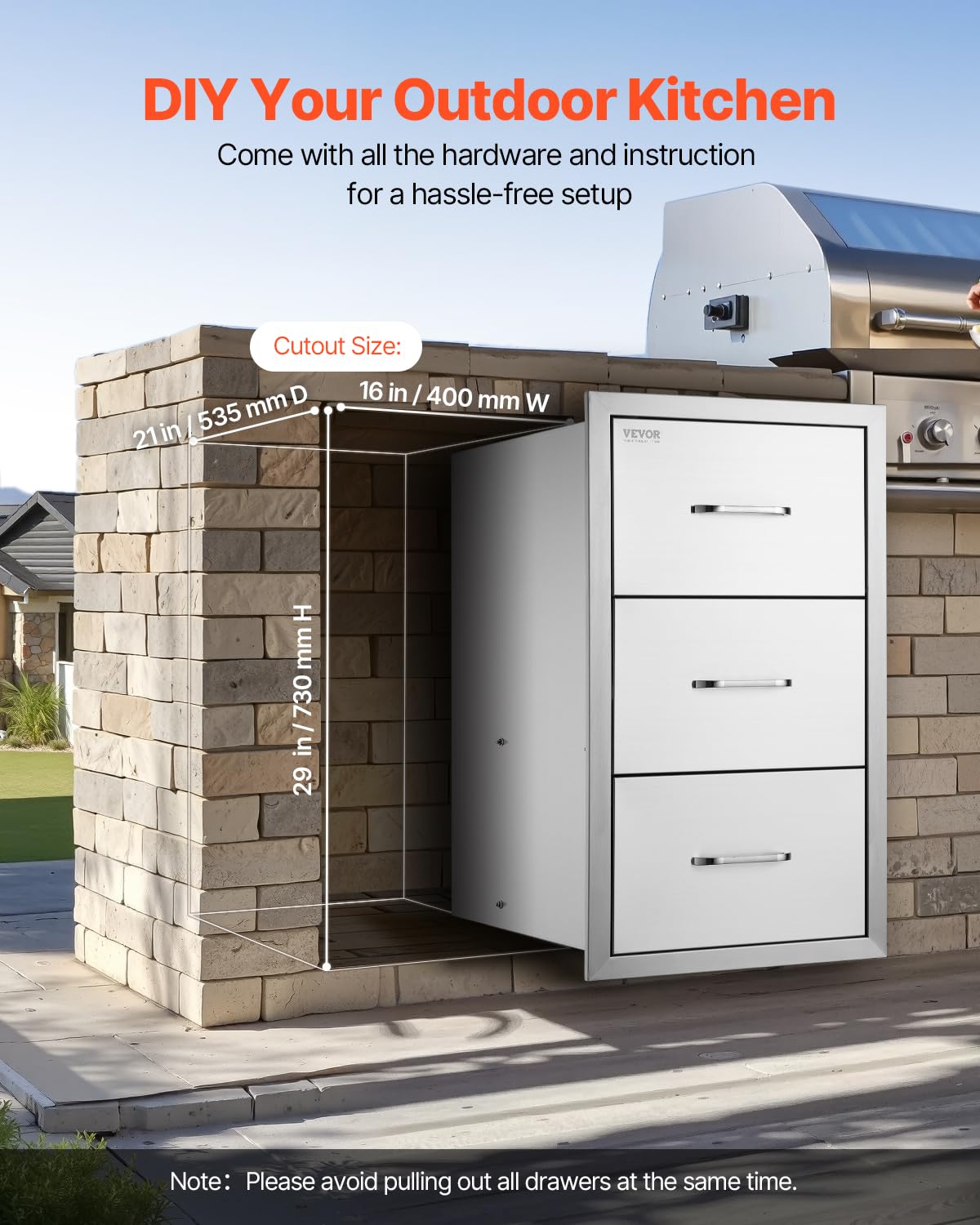 VEVOR Outdoor Kitchen Drawers 17W x 30H x 21D Inch, Outdoor Kitchen Cabinets, Stainless Steel Double Access Drawers, with Paper Towel Holder, Combo for BBQ Island Drawers or Grill Station