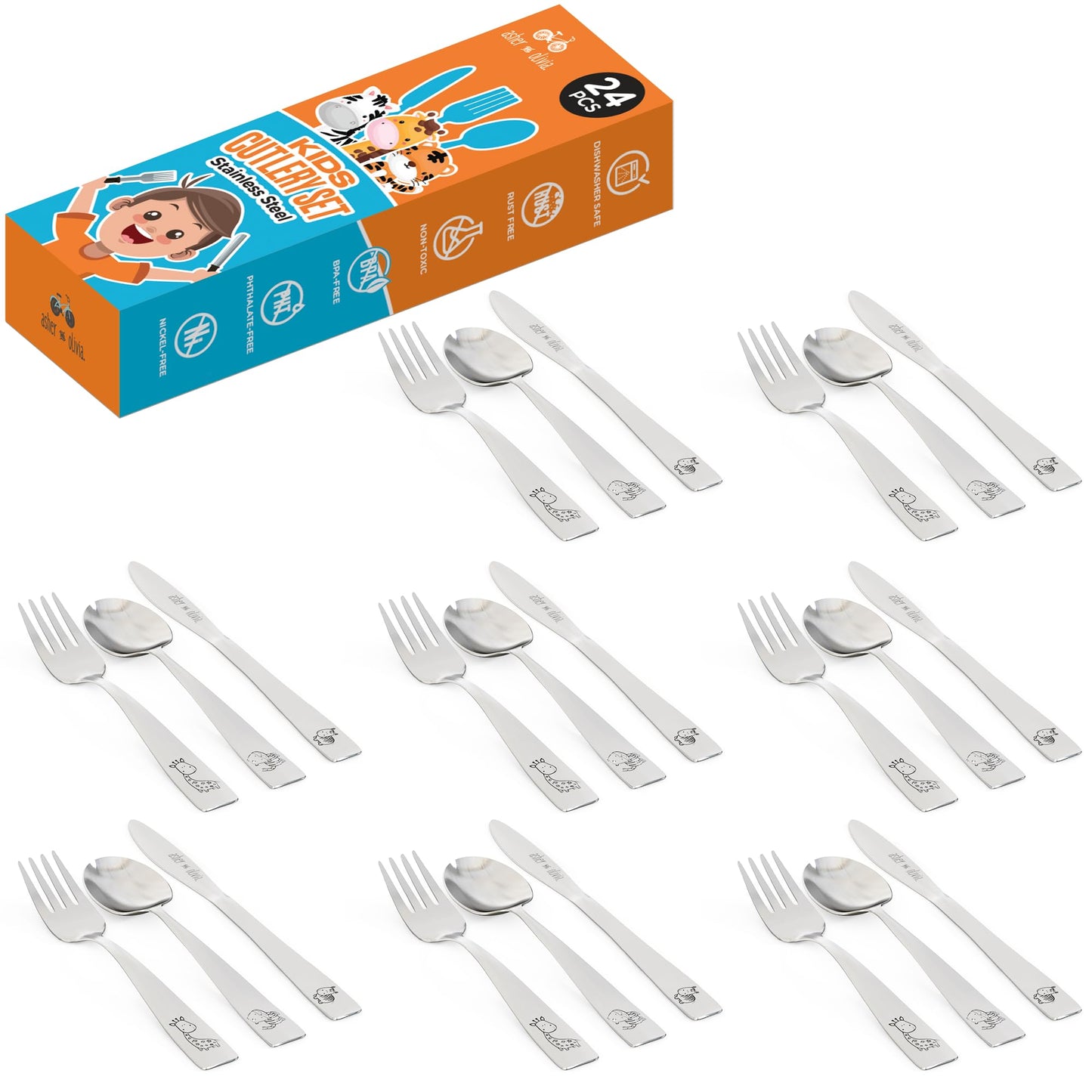 Kids and Toddler Utensils Silverware Set – 24-Piece Toddler Silverware Includes 8 Forks 8 Spoons and 8 Kid-Friendly Knives - kids Metal silverware Flatware Cutlery Set for Preschooler Baby Child