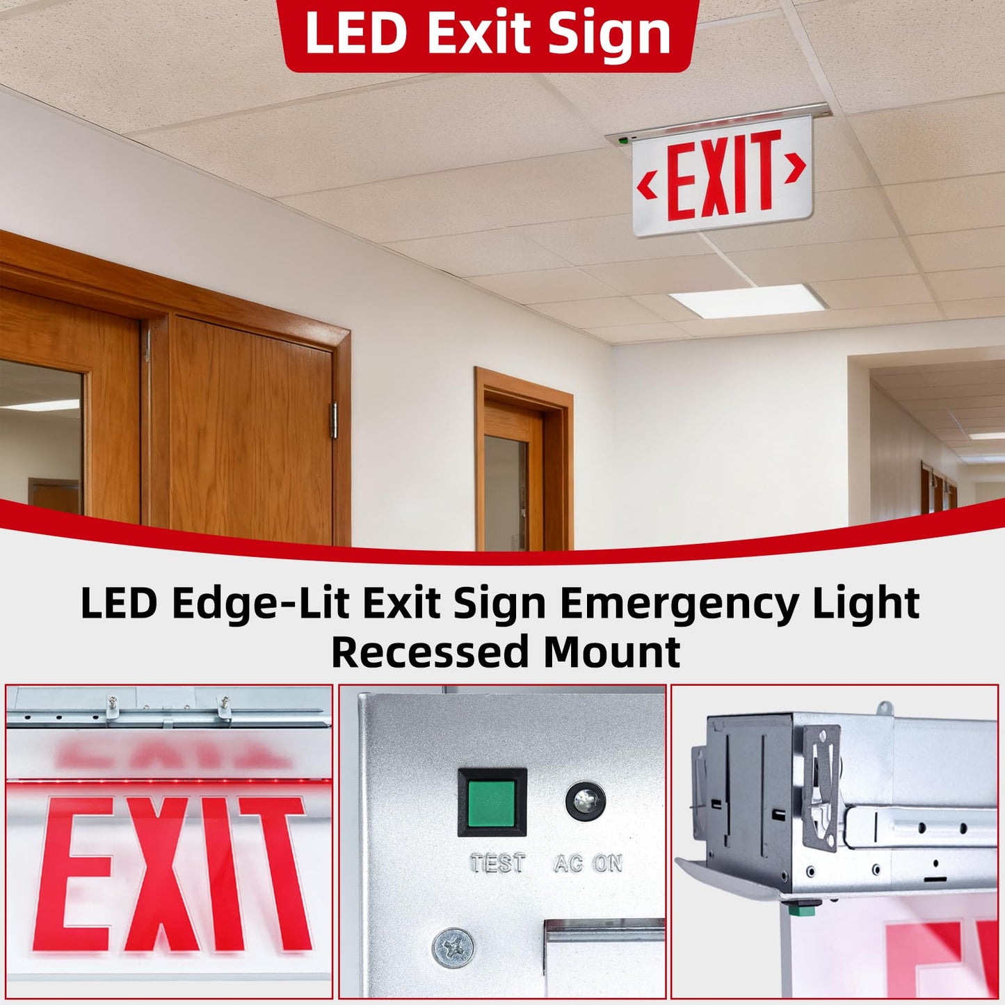 LED Exit Sign LED Edge-Lit Exit Sign Emergency Light, 120-347V, Recessed Mount Emergency Light, Aluminum Housing, Single Face Acrylic Panel, Red Letters, with Battery Backup