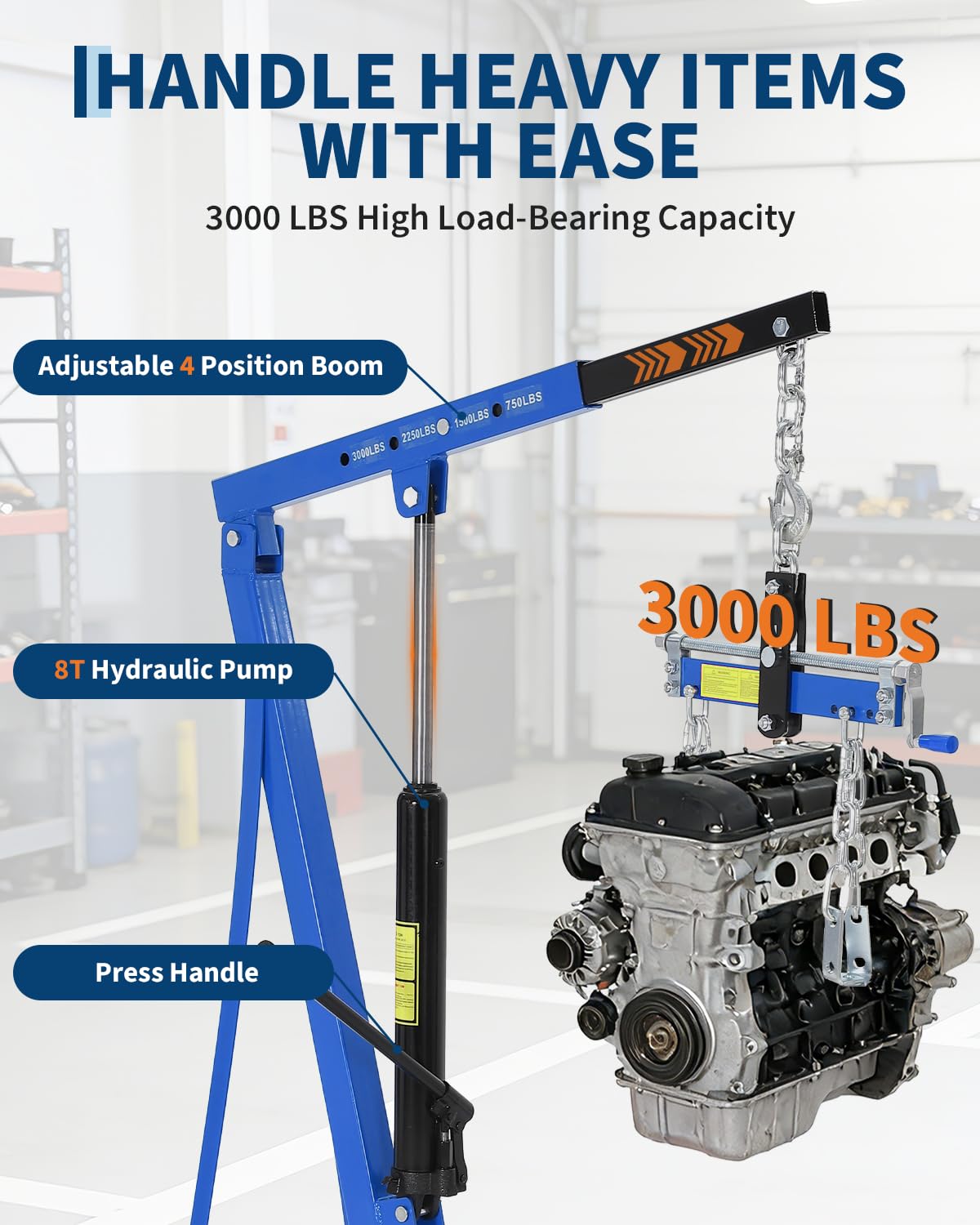 3000 LBS Hydraulic Engine Hoist with Lever, 1.5-Ton Telescoping Boom Shop Crane with 4 Heavy-Duty Casters, Garage & Warehouse Cherry Picker for Automotive, Machinery, and Equipment Lifting, Blue