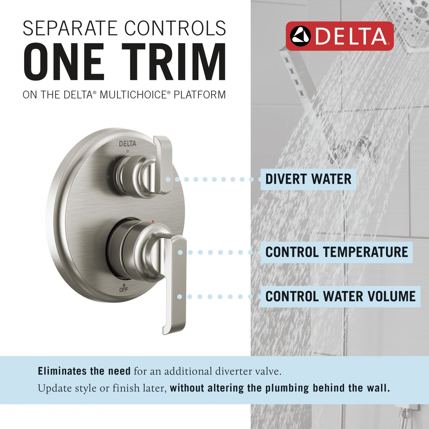 Delta Tetra Single-Function Shower Handle Trim Kit with 3-Way Integrated Diverter, Chrome Shower System Valve with Diverter, Lumicoat Stainless T24889-SS-PR (Valve Not Included)