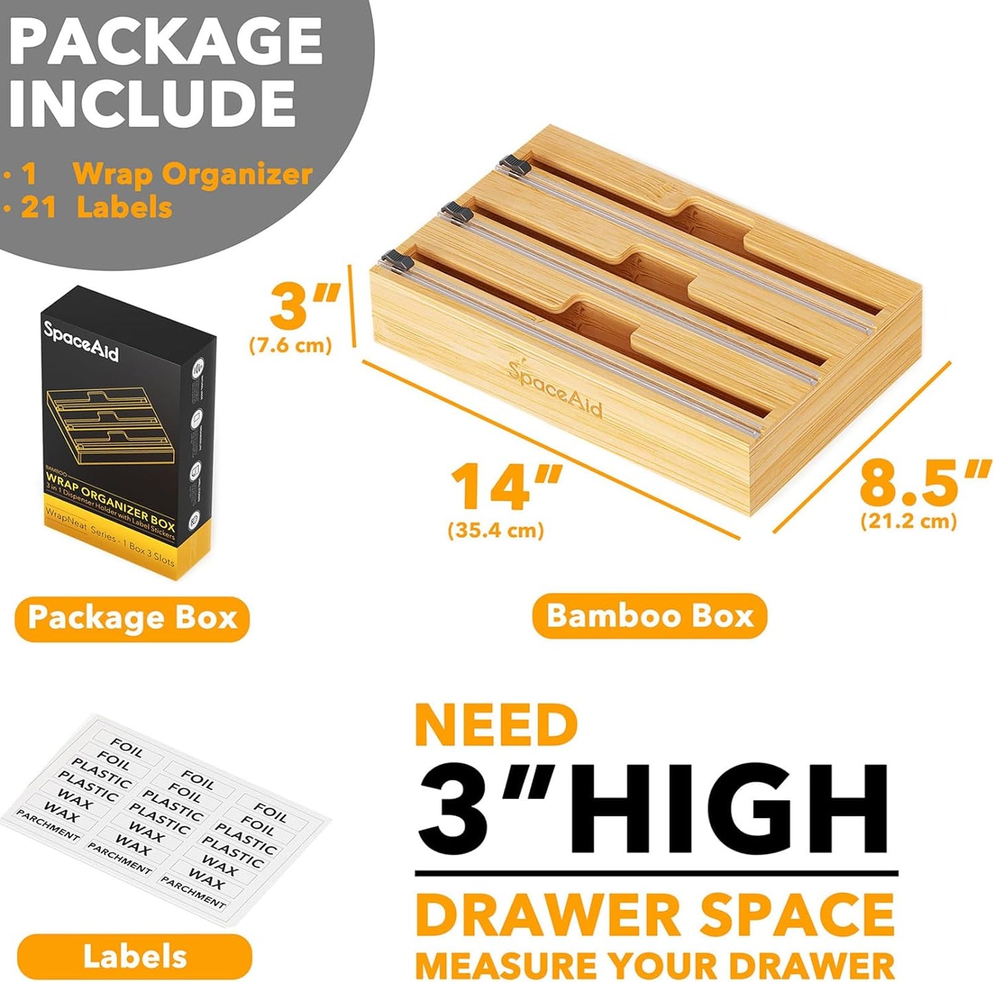 SpaceAid WrapNeat 3-in-1 Wrap Organizer - Cutter & Labels for Plastic Wrap, Foil & Wax | 12" Roll Holder (Natural)