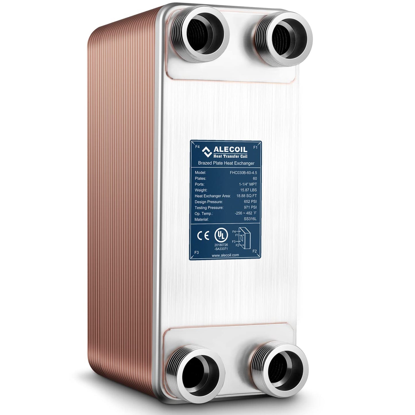 ALECOIL 5"x12" 60 Plates Heat Exchanger with 1-1/4" MPT Port Water to Water 316L Stainless Steel Brazed Plate Heat Exchanger for Water Heating, Floor Heating, Commercial and Industrial Refrigeration