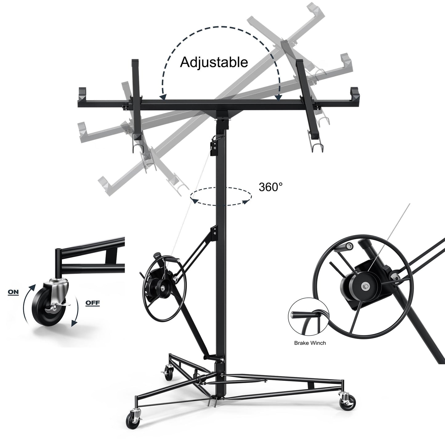 Garvee 16FT Drywall Lifter Sheetrock Lift,Drywall Rolling Lifter Panel,150LBS Heavy Duty Sheetrock Hoist Panel Hoist Jack With 360° Adjustable Telescopic Arm & 3 Lockable Wheels