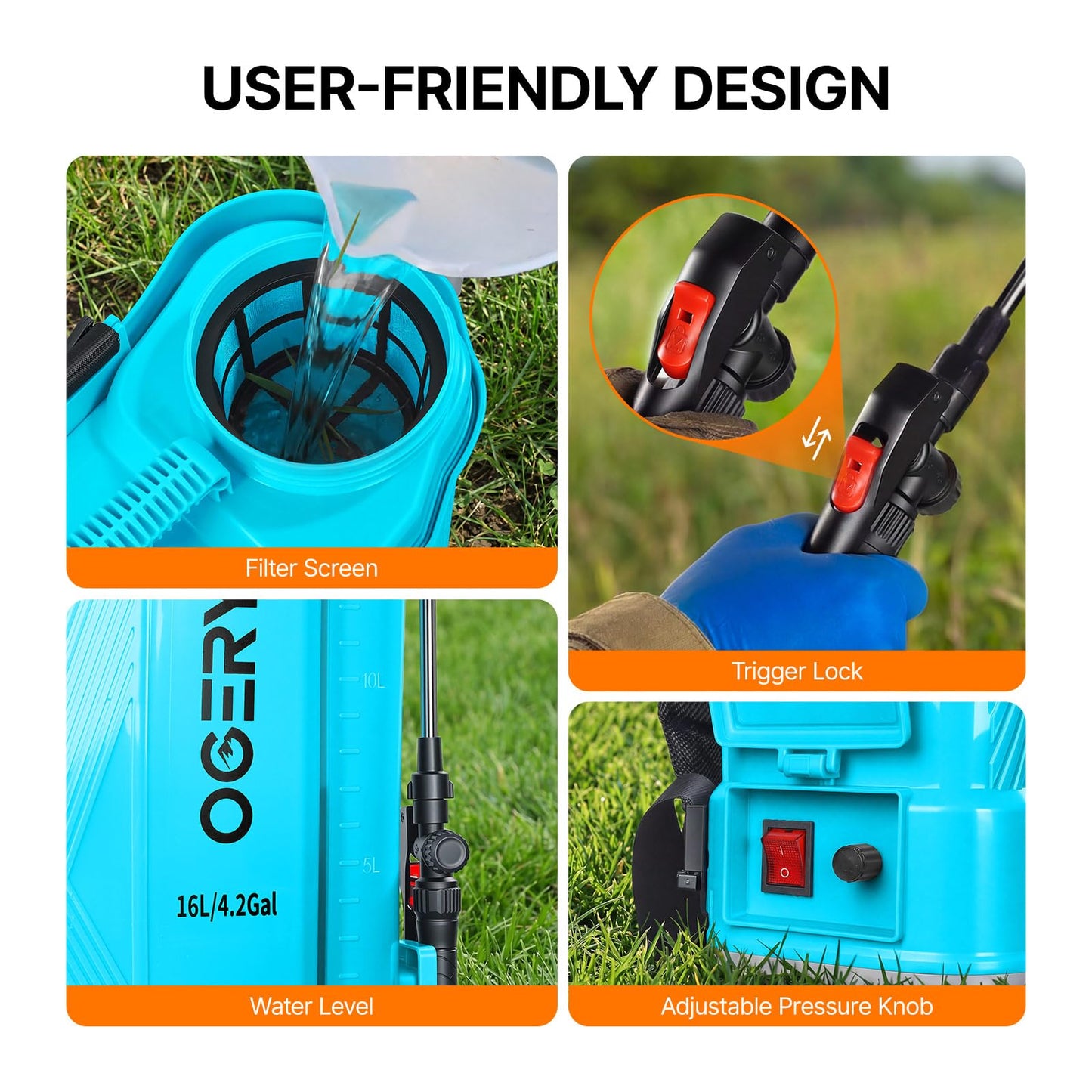 OGERY Battery Powered Backpack Sprayer 4 Gallon, 2.6Ah 21V Battery Electric Pump Sprayer with 6 Nozzles, Telescopic Stainless Steel + Plastic Wand for Lawn Garden Weed Yard Cleaning (Charger Included)