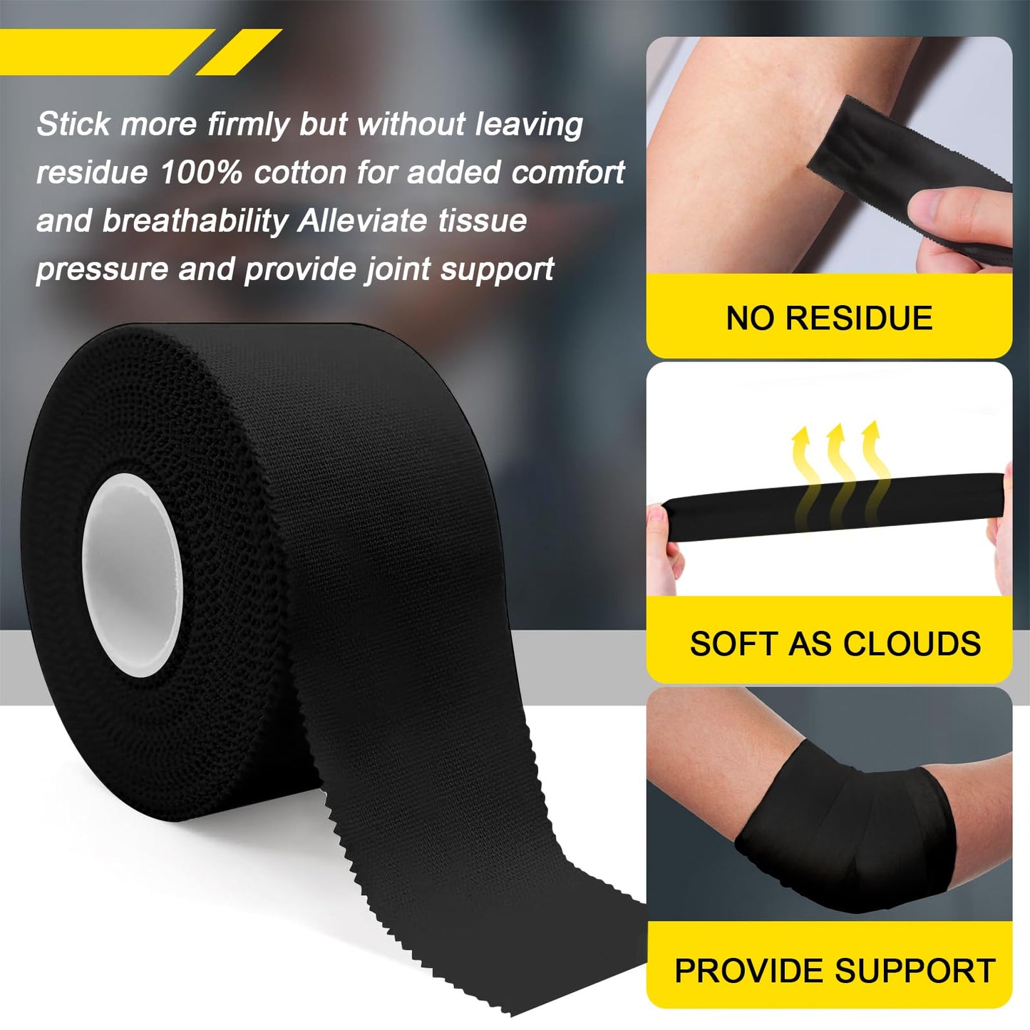 CKeep Athletic Tape, 4 Pack Black Sports Tape, Very Sturdy No Glue Residue, Wrist Ankle Tape for Muscle, Climbing, Boxing, Athletes, Baseball Bats, Strains, Sprains, Injuries（1.5 Inches）