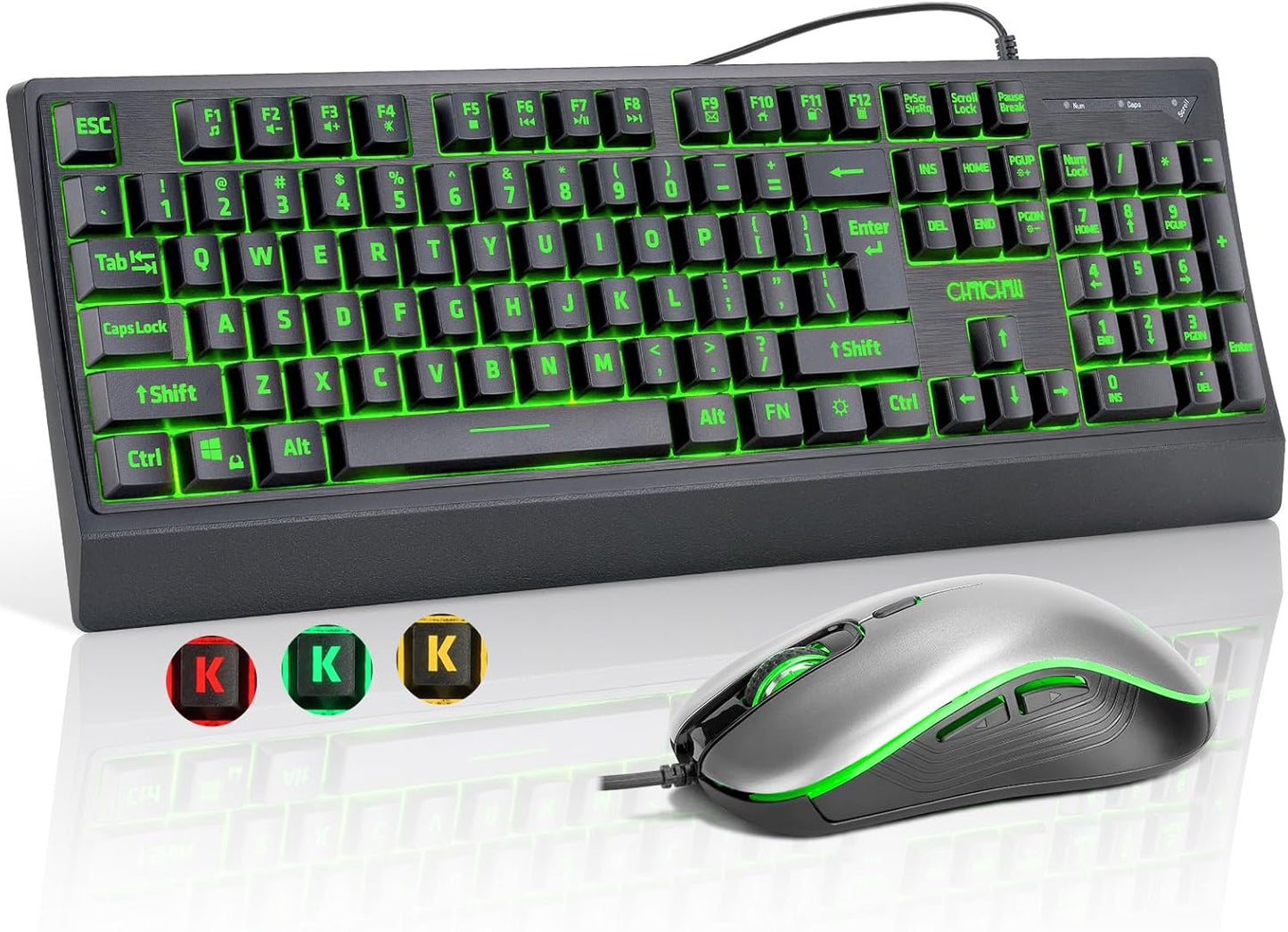 CHONCHOW 12 PS5 USB Wired Keyboard and Mouse Combo with Red-Yellow-Green LED, Silent Gaming Keyboard with Mulitmedia