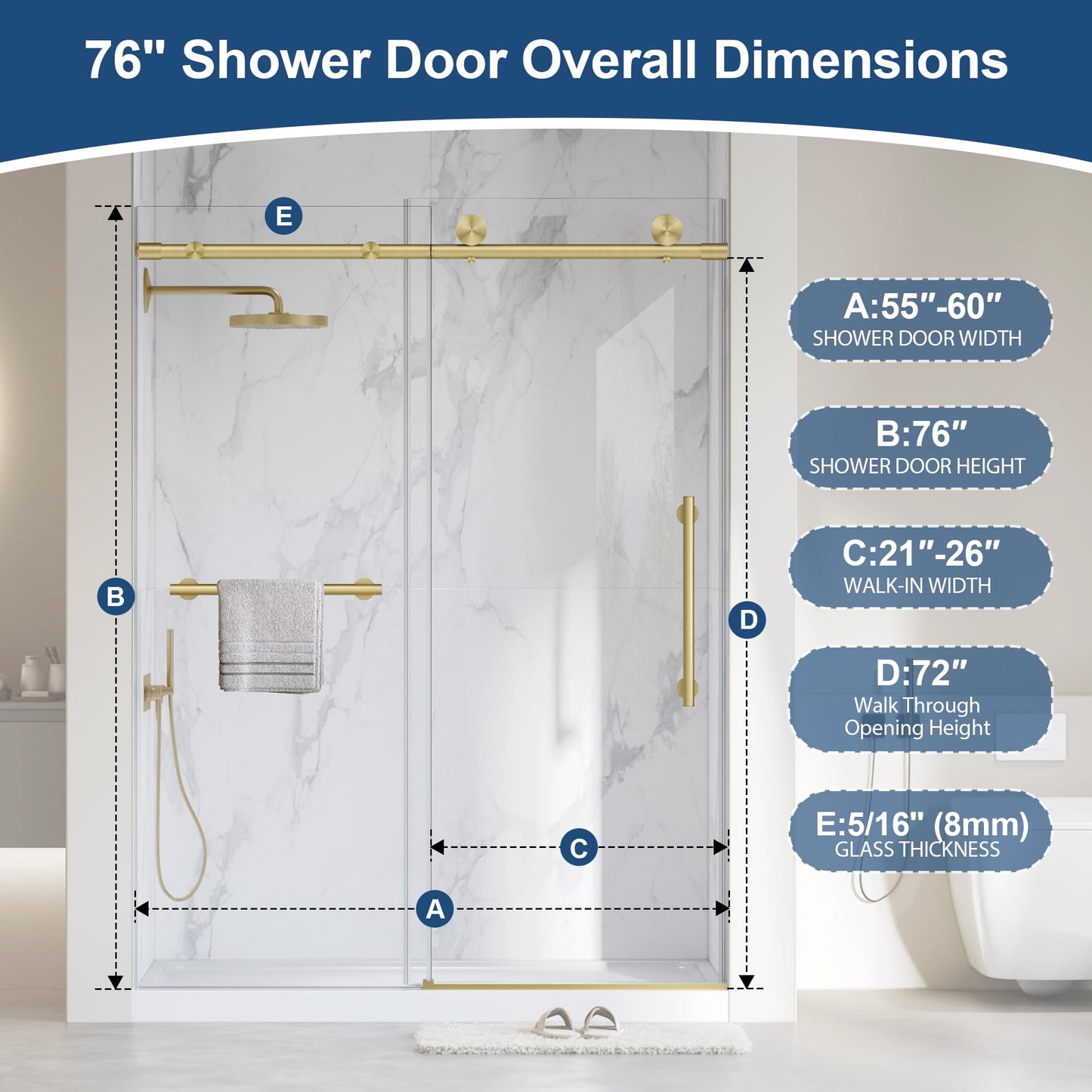Frameless Shower Door,5/16" (8mm) Glass Sliding Shower Door with Soft-Close & Anti-Leak,Nano Coating Anti-Explosion Film SGCC Tempered Glass 55"-60" X 76"H,Brushed Gold