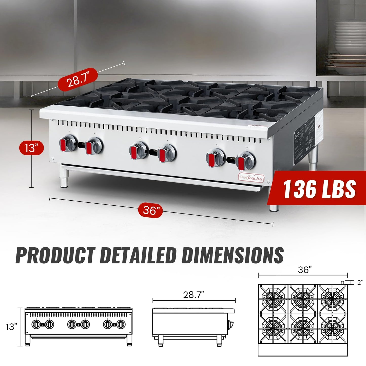 Backychu Commercial Gas Stove 6-Burner - 150,000 BTU Countertop Cooking Stove Range, Heavy-Duty Hot Plate, Stainless Steel Cooking Equipment for Restaurant, kitchens, Propane/Natural Gas