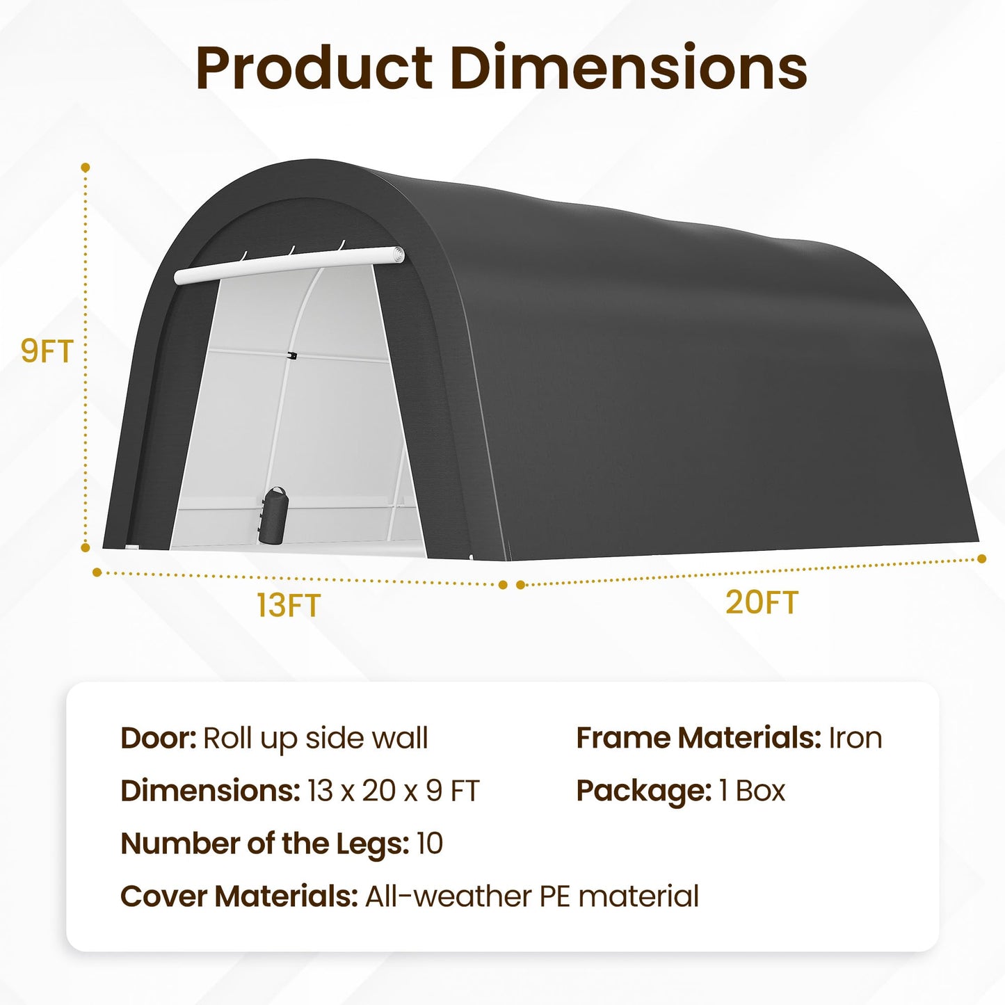 Kiss the Water Heavy Duty Domed Carport with 4 Cloth Bags and 2 Roll-up Doors, Portable Garage Storage Shelter Shed for Cars, Truck, or Garden Tools, 13' x 20'