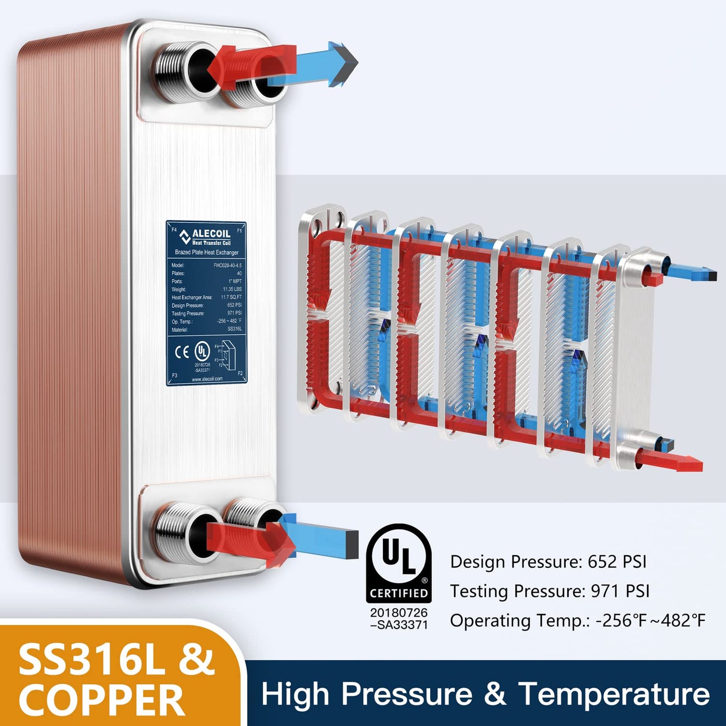 ALECOIL 4"x12"-40 Plates Heat Exchanger with 1" MPT Port Water to Water 316L Stainless Steel Brazed Plate Heat Exchanger for Water Heating, Floor Heating, Industrial and Commercial Refrigeration