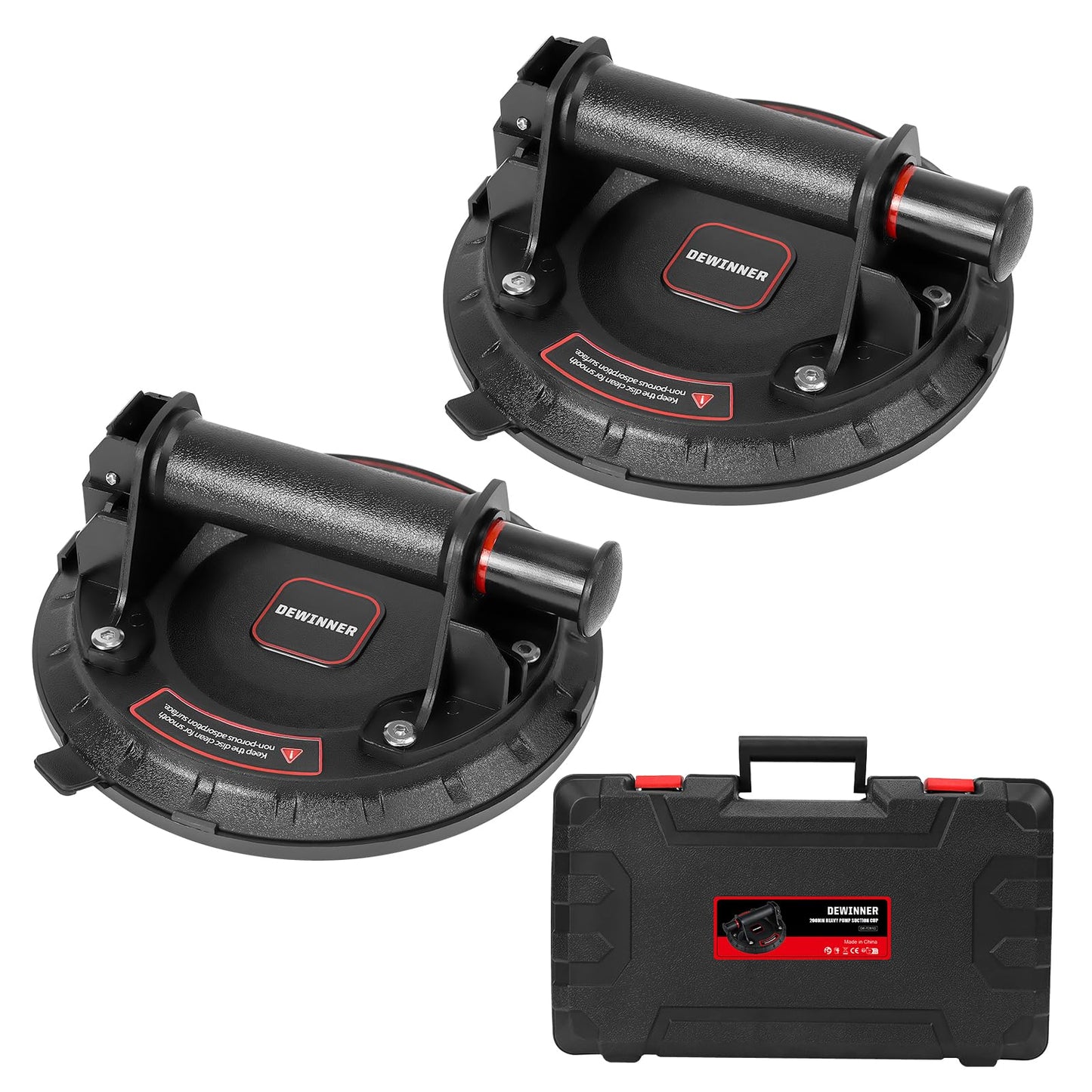 DEWINNER 8" Glass Suction Cups - Heavy-Duty Vacuum Glass Lifter for Tiles and Granite - 660lbs Load Capacity - 2 Pack Industrial Suction Cup with Carry Case