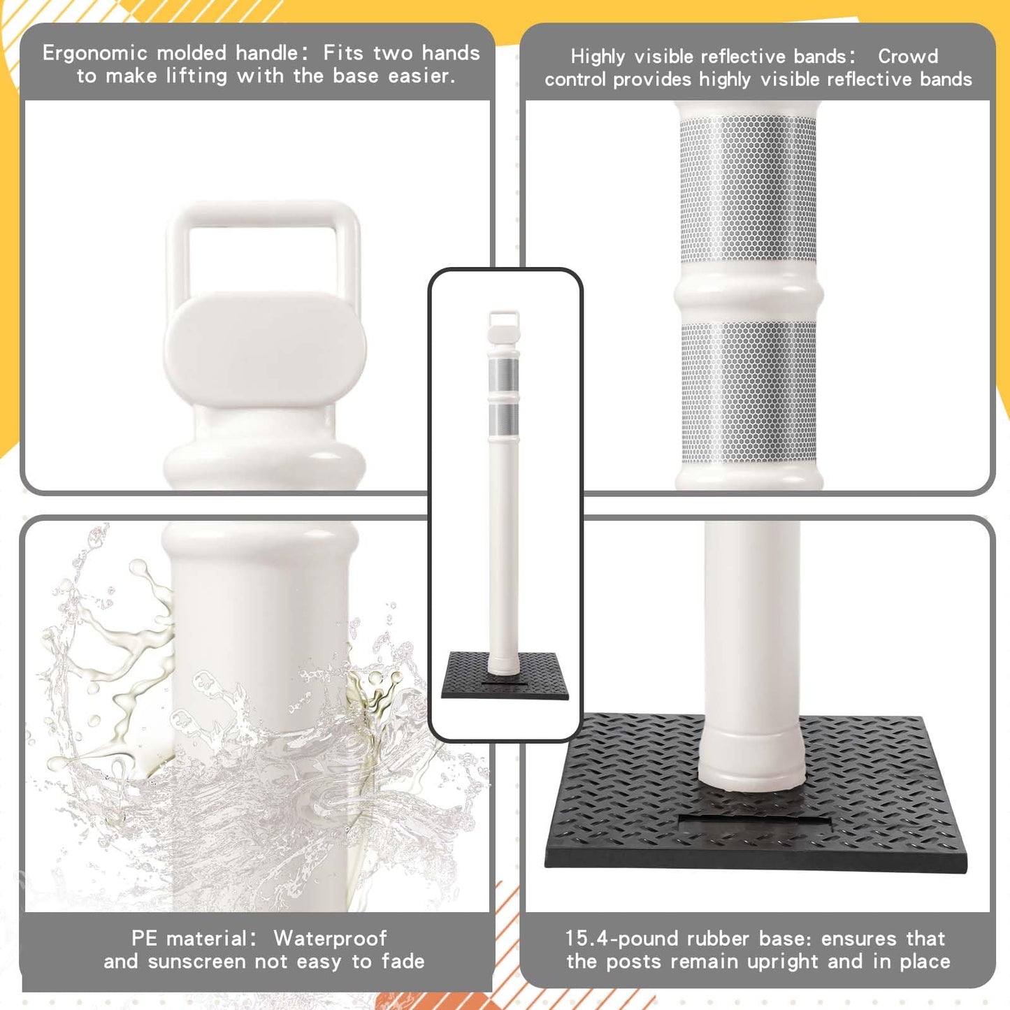 Kanayu 49 Inch Traffic Delineator Posts with 8.8 Lbs Rubber Base PE Delineator Post Portable Parking Pole Traffic Cone Barrier with Removable Base, Reflective Band(4 Packs,White)