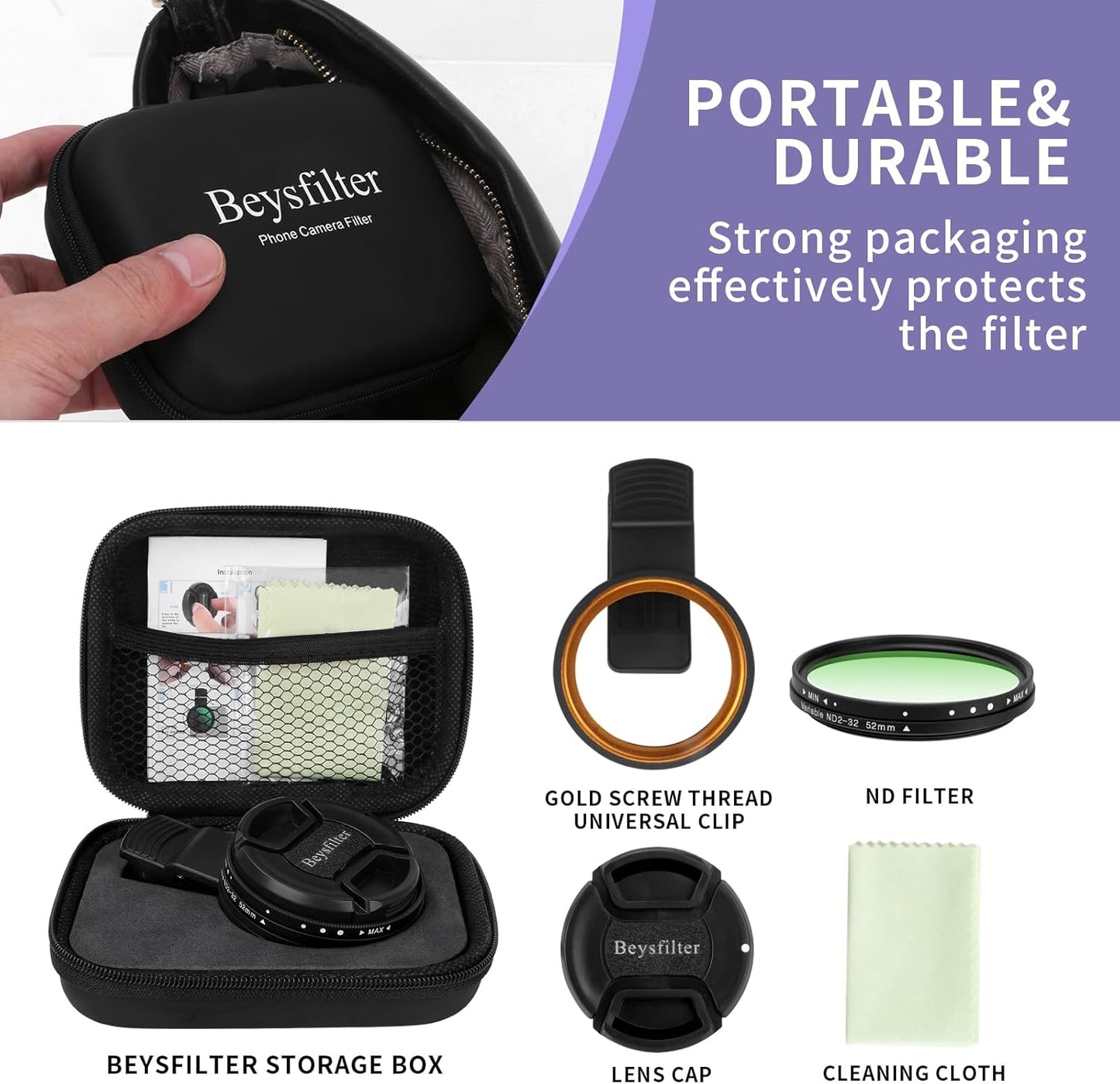 Beysfilter 52MM ND2-32 16/15/14/13 Variable Filter for Phone, Multi-Coating Clip-On Variable Neutral Density Lens Kit