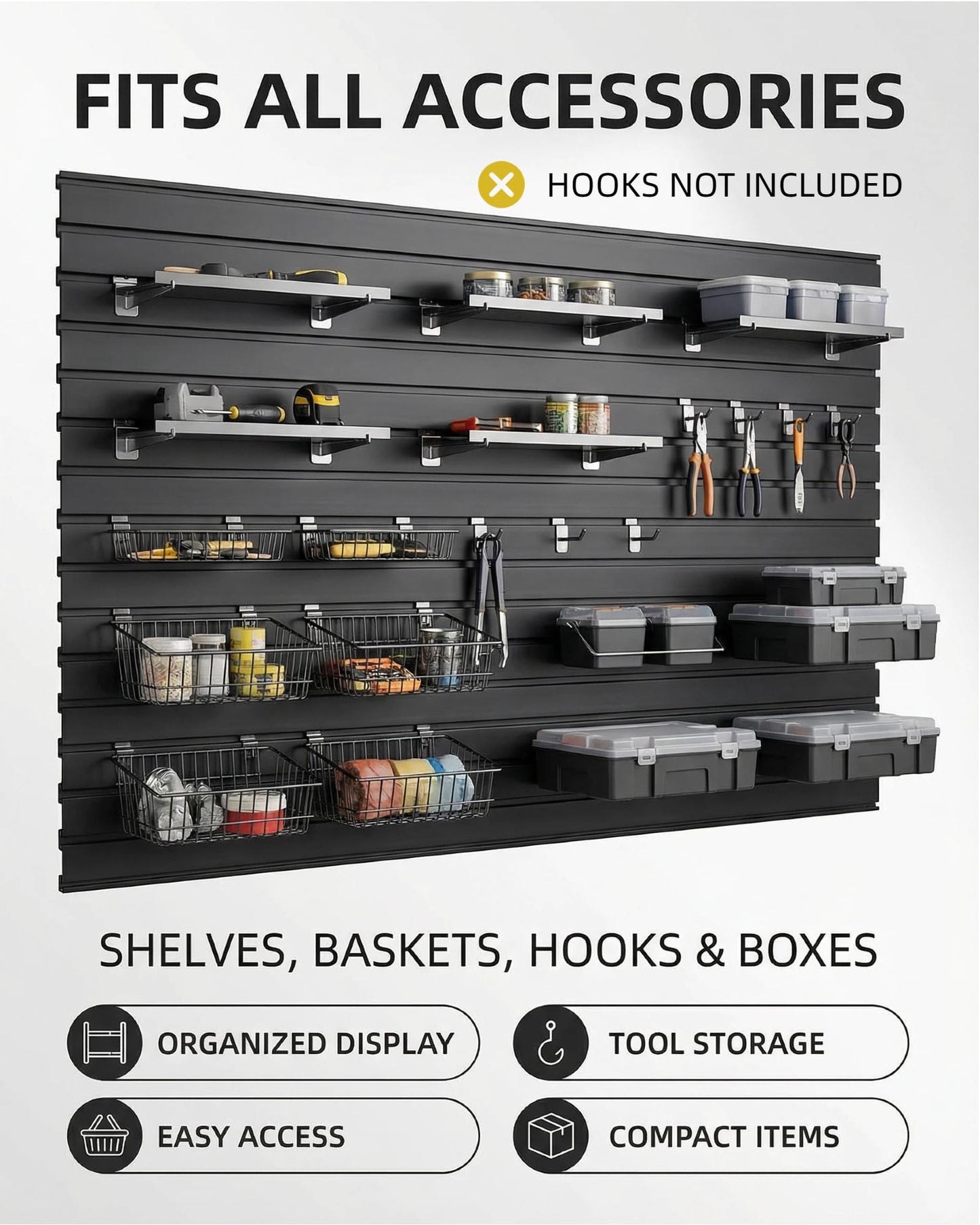 FRAYSCENT Slat Wall Paneling Garage Slat Wall Storage Systems Slatwall Panels Power Tool Organizer Wall Mount, PVC Garage Storage & Organization Products Slate Board (Black, 8ftx4ft with 2H Trim)