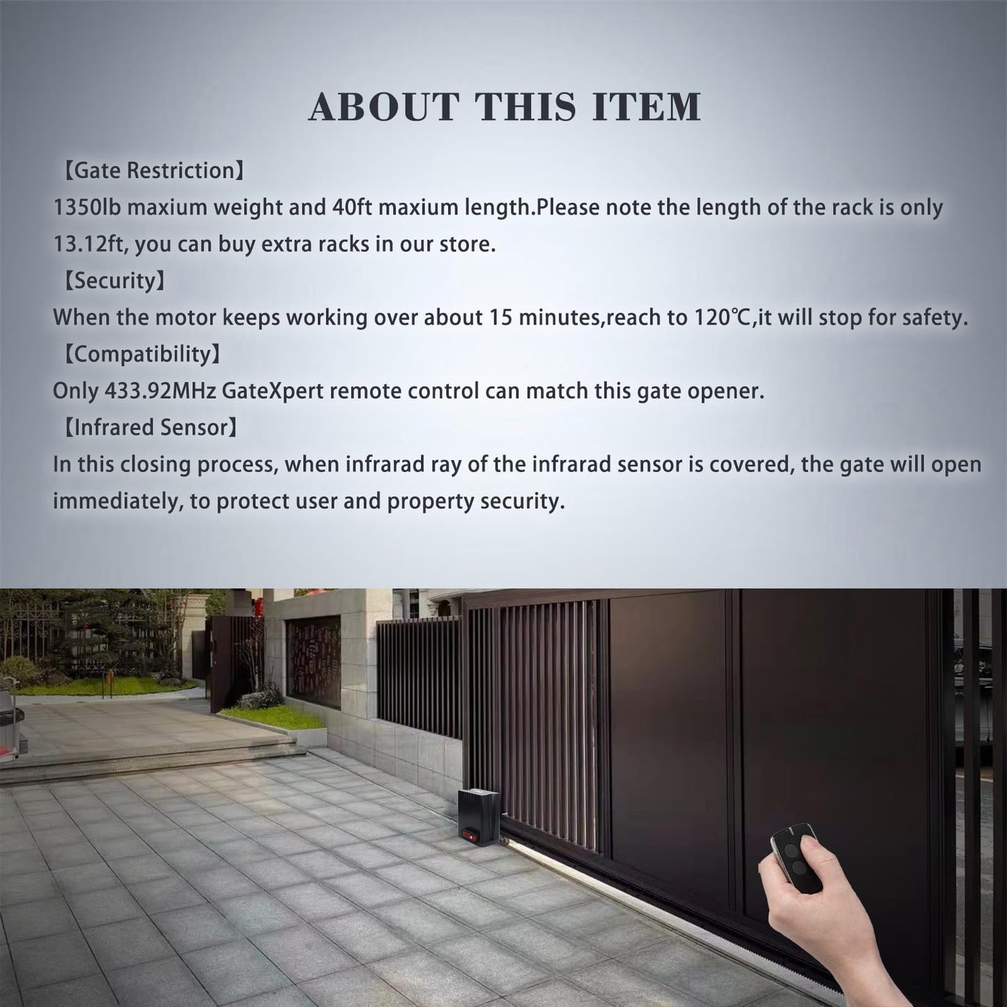 GATEXPERT Sliding Gate Opener Kit with AC110V/60HZ Motor for 1350lb 40ft Gate,Wireless Remote, Alarm Lamp and Infrared Sensor, Gear Rack Driven Automatic Gate Operator with 13.12ft Racks (DK1350)