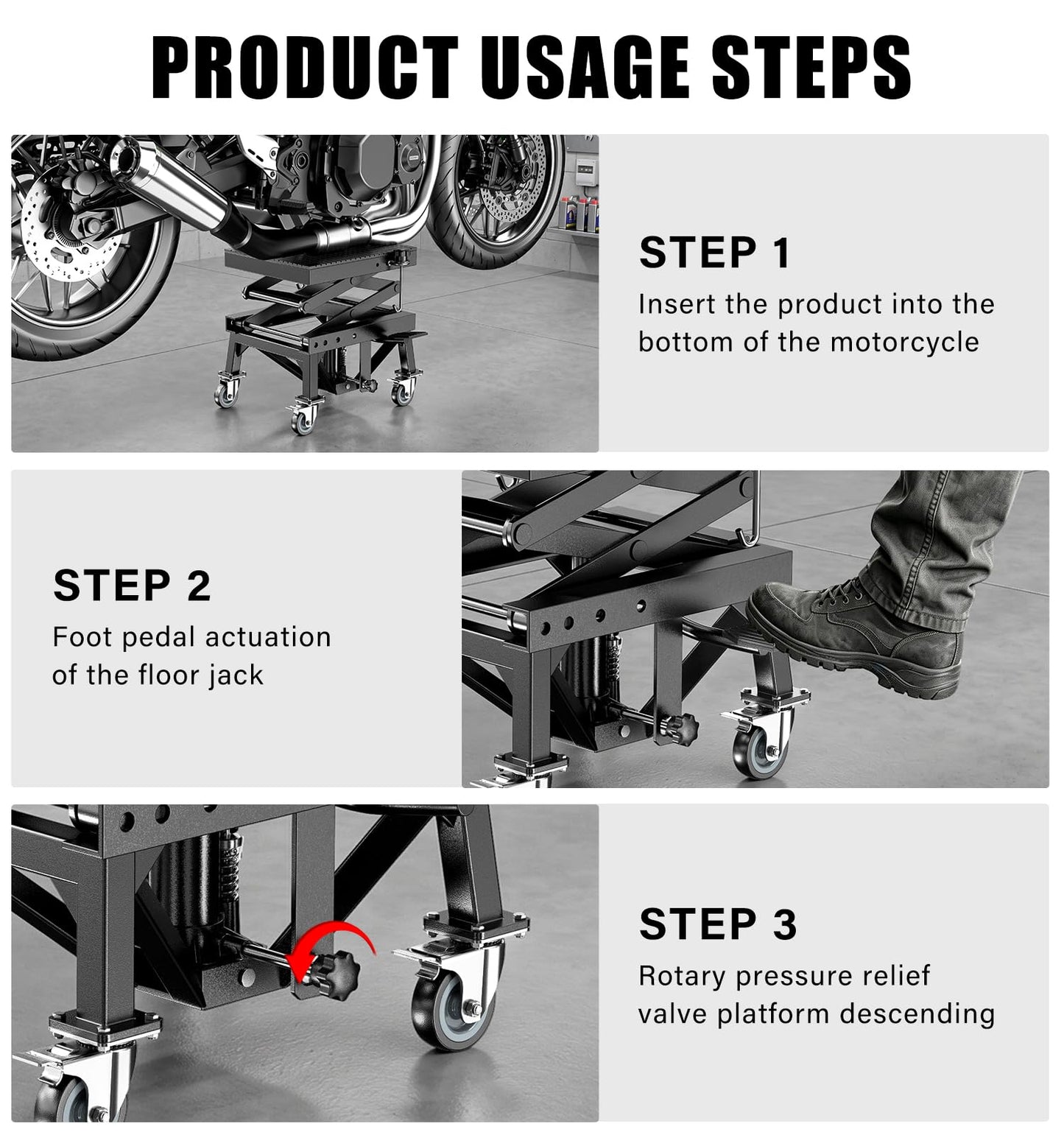 HUGOASIS 300 LBS Heavy Duty Motorcycle Scissor Lift Table, Portable Hydraulic Lift Jack with Wheels, 13.8" to 34.3" Lift Range, 16.1"x13.4" Platform for Motorcycle, Dirt Bike, Scooter Maintenance