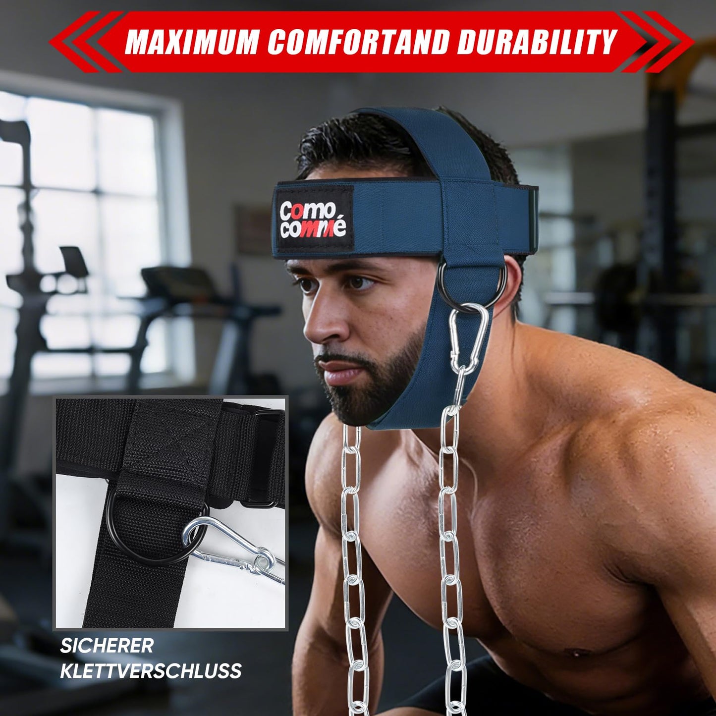 Fitness Neck Head Harness Trainer for Men and Women, Blue Neck Exerciser with 30" Heavy Duty Steel Chain for Safely Lifting, Adjustable Neoprene Neck Exerciser for Weight Lifting, Home and Gym Use
