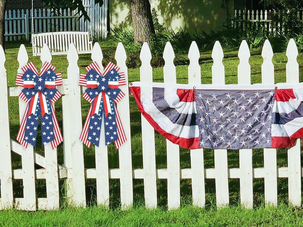 Threetols Patriotic Wreath Bows - Large Burlap Red, Blue & White Stripe for 4th of July Decor