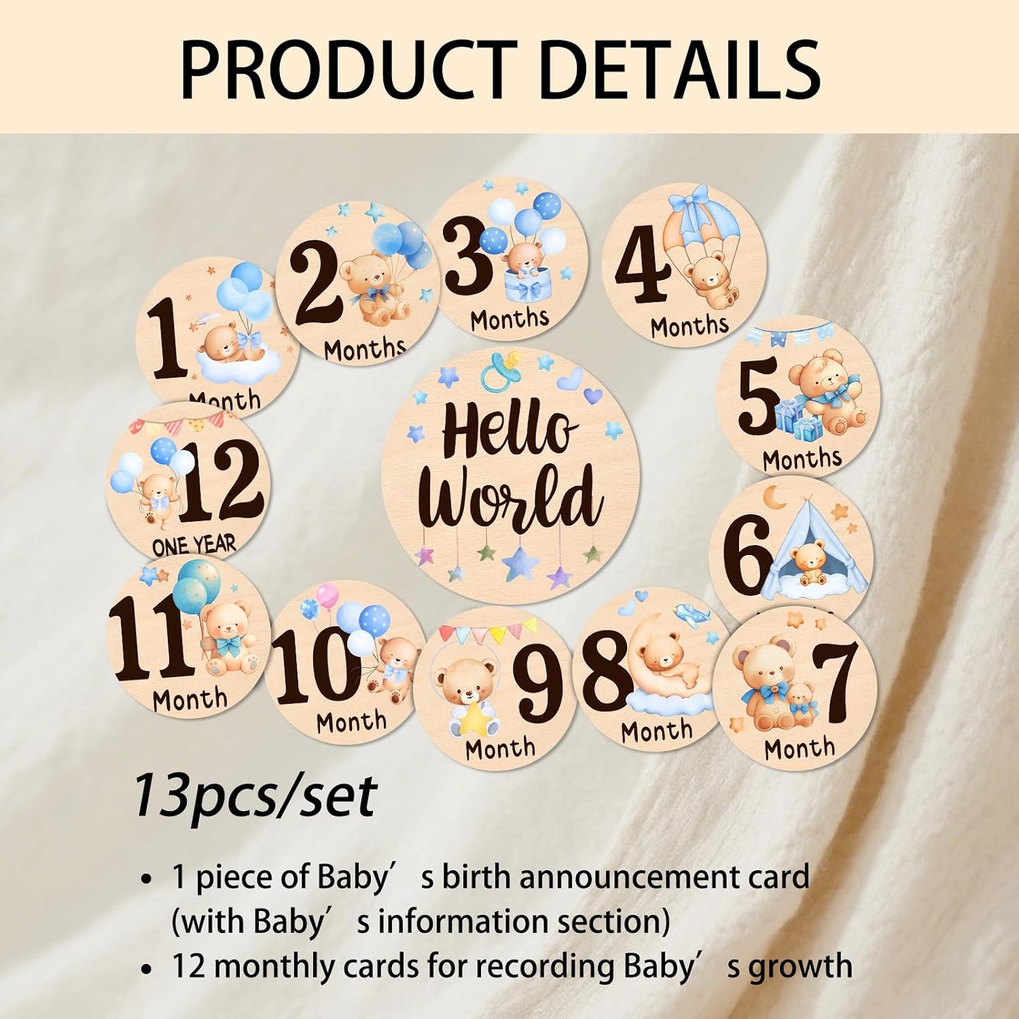 13 Props(0-12 Baby Monthly Milestone Cards - Double-Sided Wooden Milestone Signs Discs with Bear & Star Designs, Little