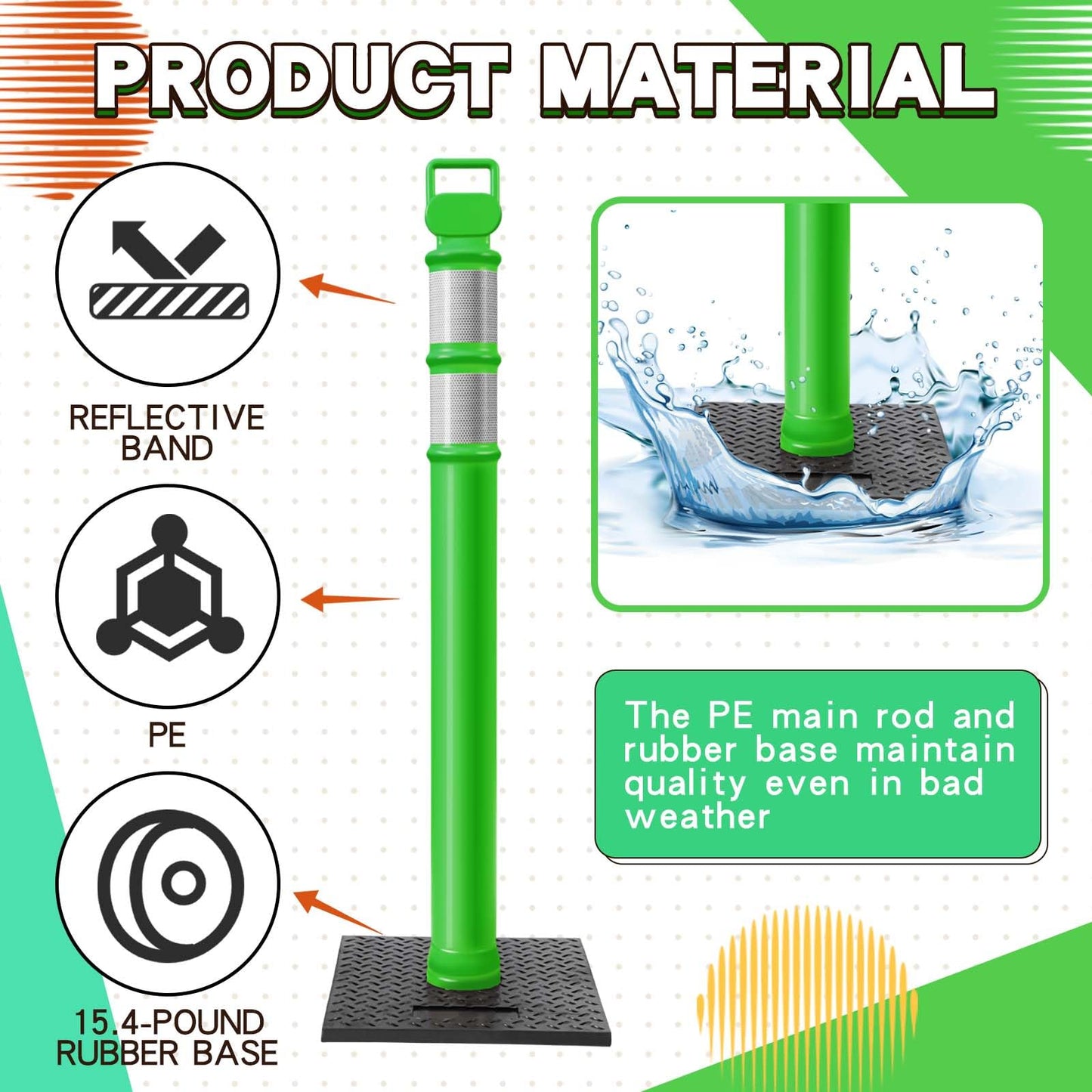 Kanayu 49 Inch Traffic Delineator Posts with 8.8 Lbs Rubber Base PE Delineator Post Portable Parking Pole Traffic Cone Barrier with Removable Base, Reflective Band(4 Packs,Green)