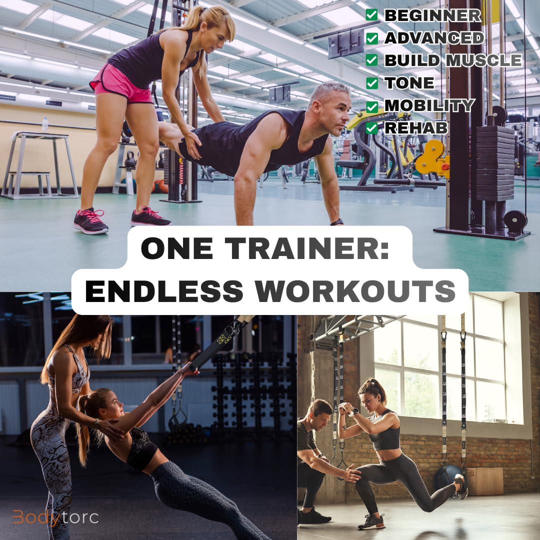 Bodytorc Suspension Trainer, Bodyweight Training Straps for Full Body Workouts at Home, Includes Door Anchor, Extension Arms and Advanced Foot Straps. Green