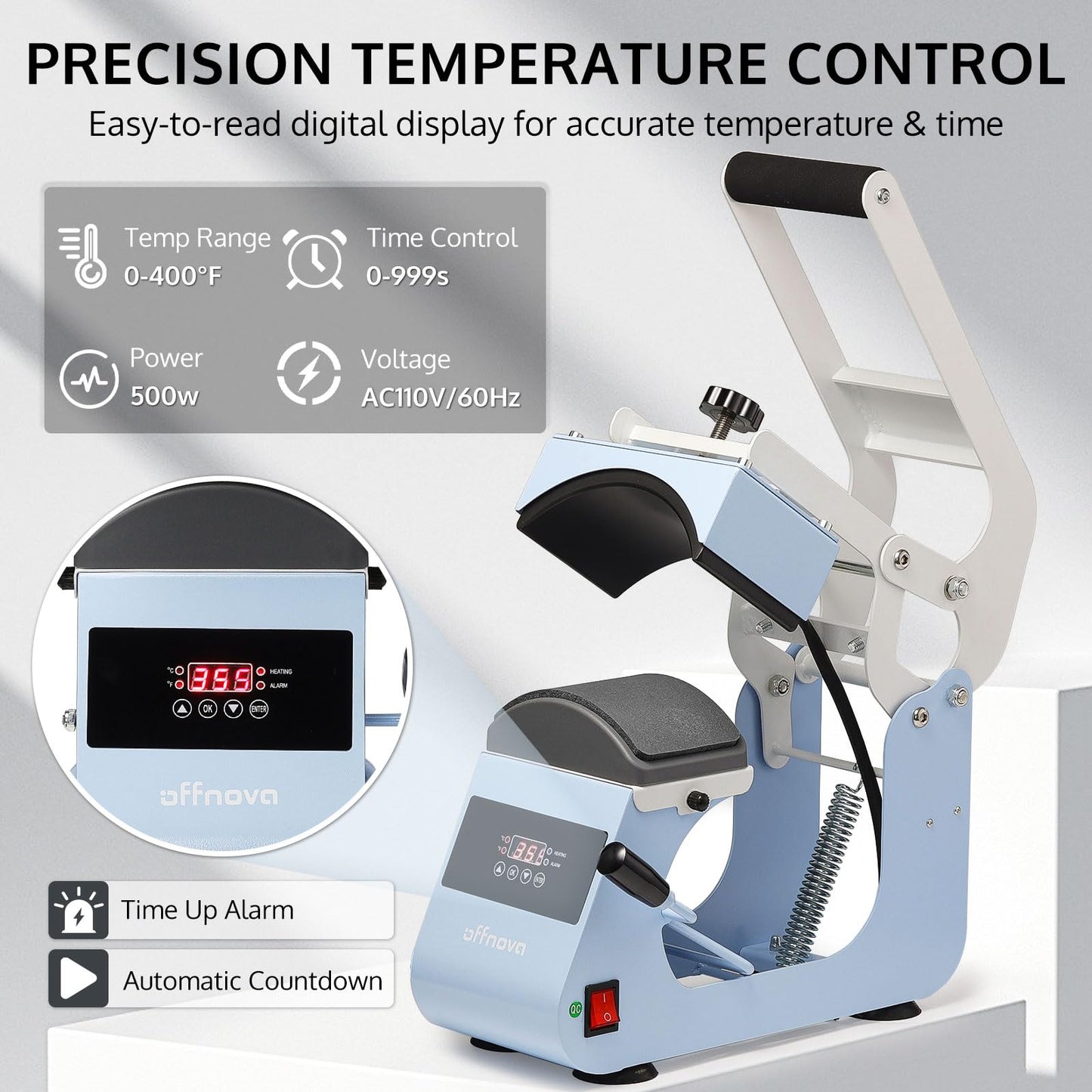 OFFNOVA Hat Heat Press Machine for Caps with 2 Interchangeable Platens, Temp & Time Control with Auto Countdown, Efficient Heat Transfer for HTV Iron On and Sublimation Projects (Handle-Blue)