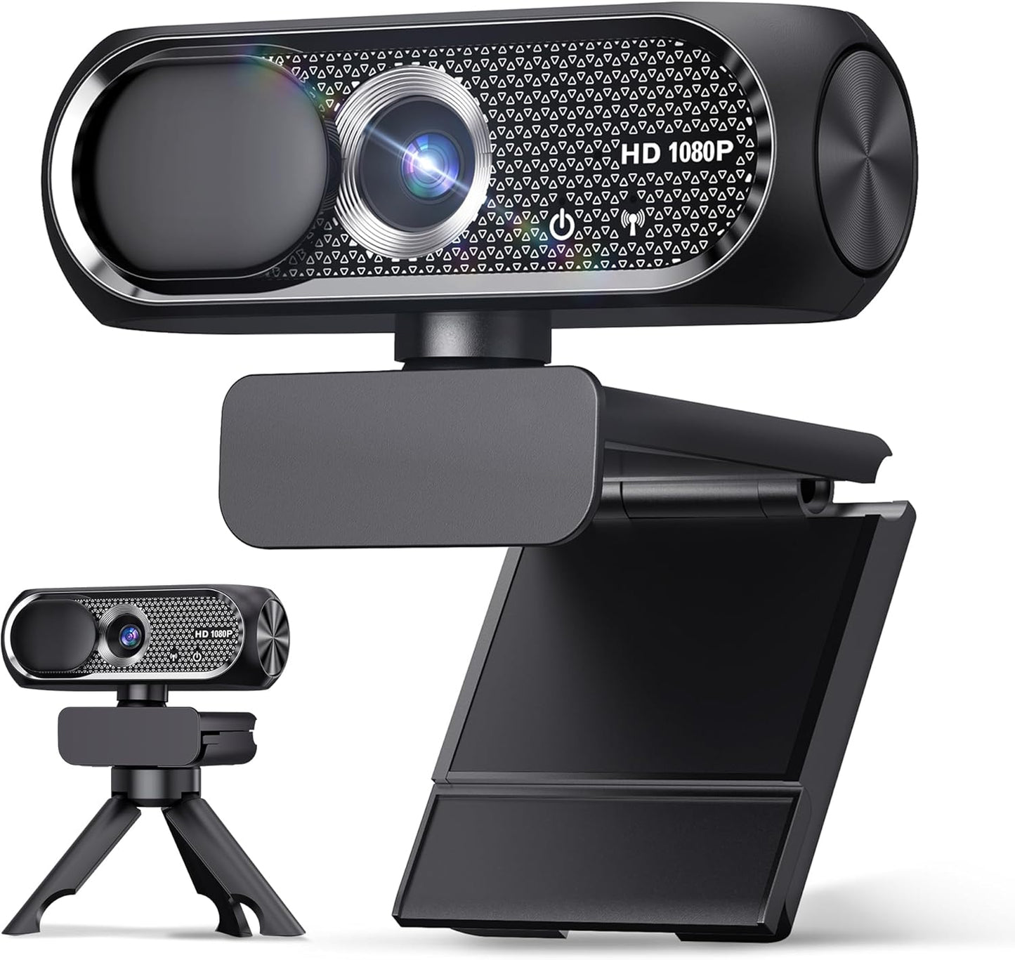 Shcngqio 1080P HD Webcam with Rotatable Tripod and Mic, Noise Cancellation, Privacy Cover, Wide-Angle Lens, Auto Light