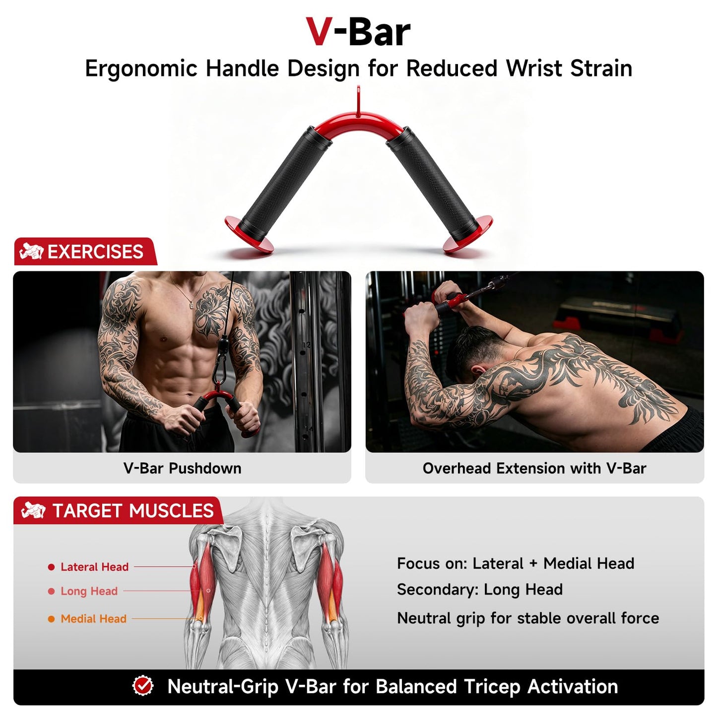 MANUEKLEAR 3PC Tricep Rope Cable Attachments Set for Full Arm Workout, Cable Machine Attachments with Non-Slip Grips, Anti-Rust Cable Attachments for Gym