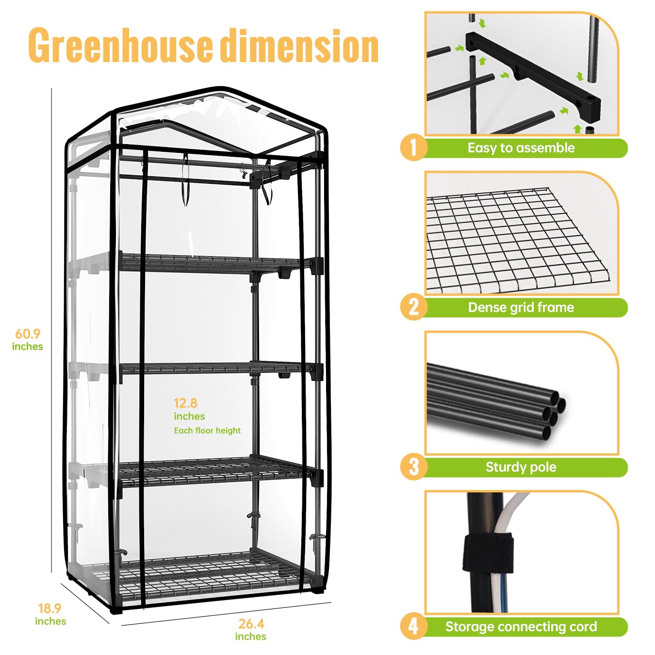 SpeePlant Indoor Greenhouse with Grow Light, 4 Tier, 1.6FT 80W Full Spectrum Grow Light with Timer, Portable Plant Shelves with Waterproof PVC Cover for Seed Starting, 26.4L X 19W X 61H