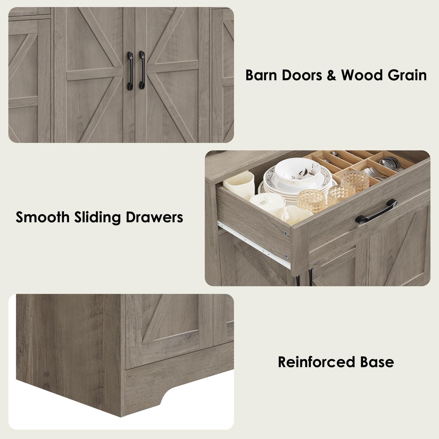 BOTLOG 71” Large Sideboard Buffet Cabinet with Storage, Farmhouse Kitchen Buffet Cabinet with Adjustable Shelves and 6 Barn Doors, Wood Coffee Wine Bar Console Table, White, Ash Grey (Ash Grey)
