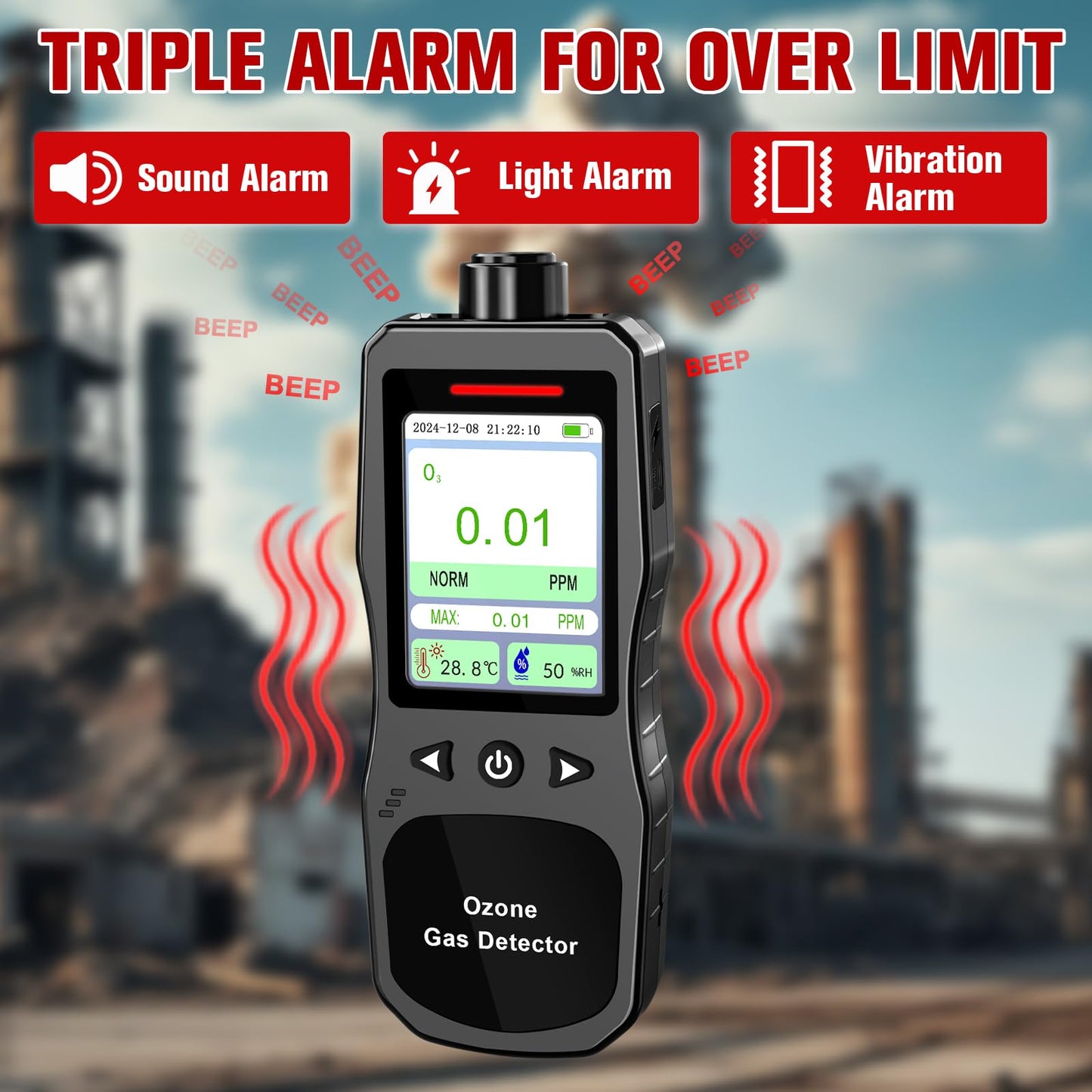 ZYKYCX Portable Ozone Detector, 0-20 PPM Ozone Gas Monitor with 0.01 PPM High Resolution, 16H Long Battery Life, Ozone Meter with Alarm, O3 Air Quality Monitor with Temp & Humidity Tester
