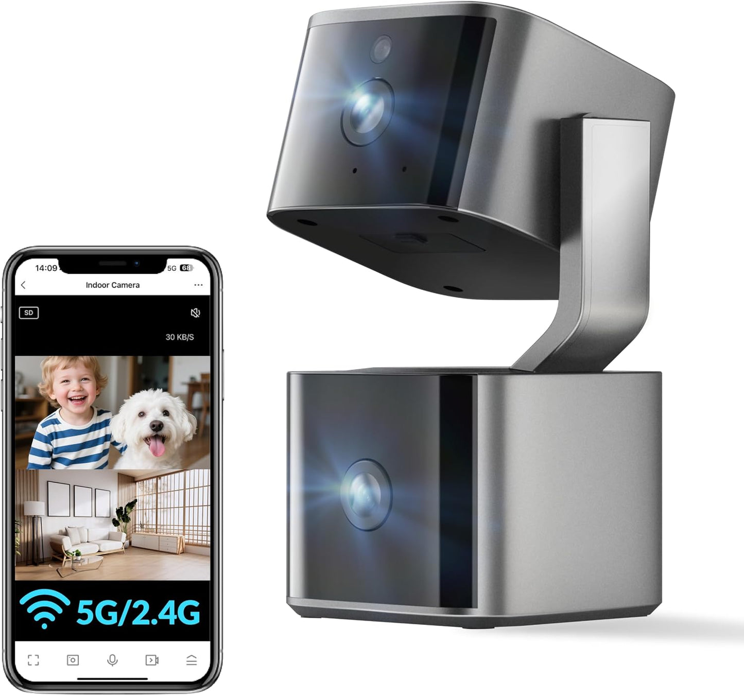Aurumbach 5G/2.4G 2K+2K 2-Way 355 Dual Lens Security Camera Indoor WiFi, Pet Camera with Pan Tilt for Home, Baby