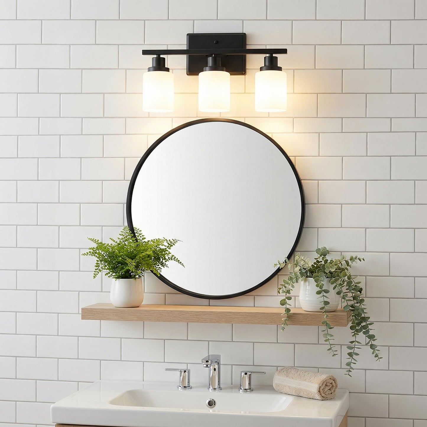 Ascher Bathroom Light Fixtures, 3-Light Vanity Light Over Mirror, Modern Matte Black Wall Sconces with Milky White Shades, Wall Lamp for Kitchen Hallway Cabinet Porch E26 Base