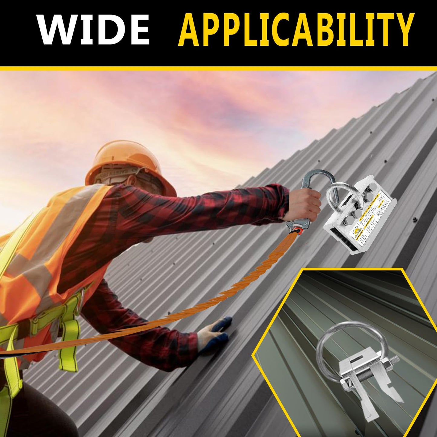 Fall Protection Roof Anchor, 2-Way Standing Seam Clamp | Non-Penetrating Design | 5000lbs Capacity | Galvanized Steel | for Metal Roof & Ladder Safety